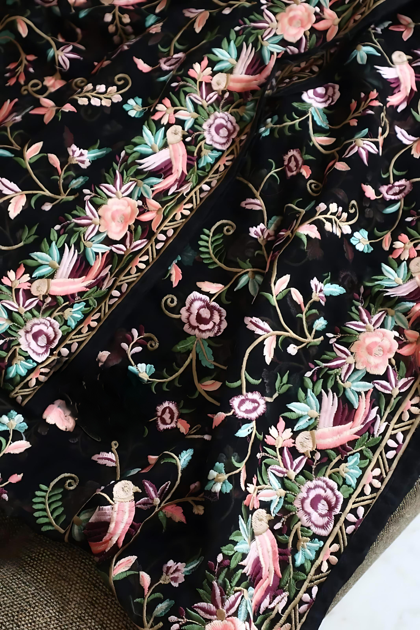 Bold Black With Multicolour Resham Parsi Gara Embroidery Saree