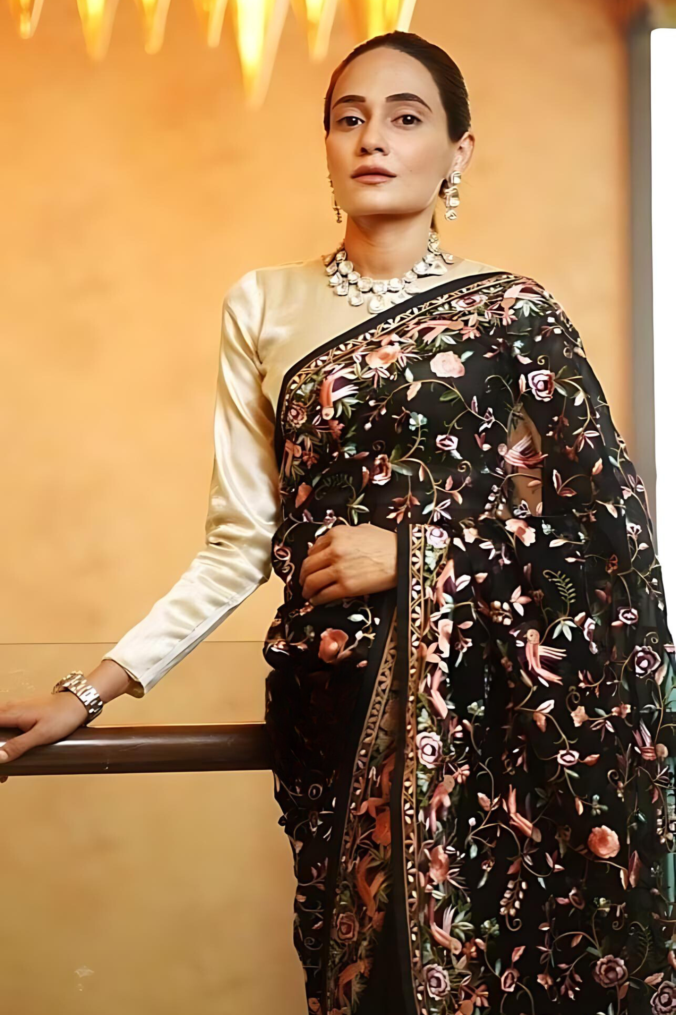 Bold Black With Multicolour Resham Parsi Gara Embroidery Saree