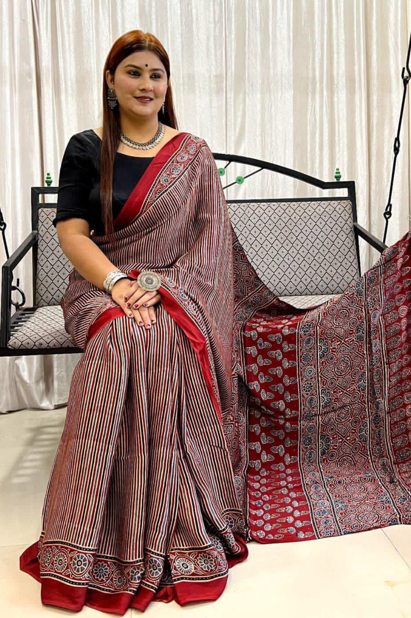 Pure Modal Handblock Printed Natural Dye Ajarakh Silk Saree Red Stripes with Traditional Pallu