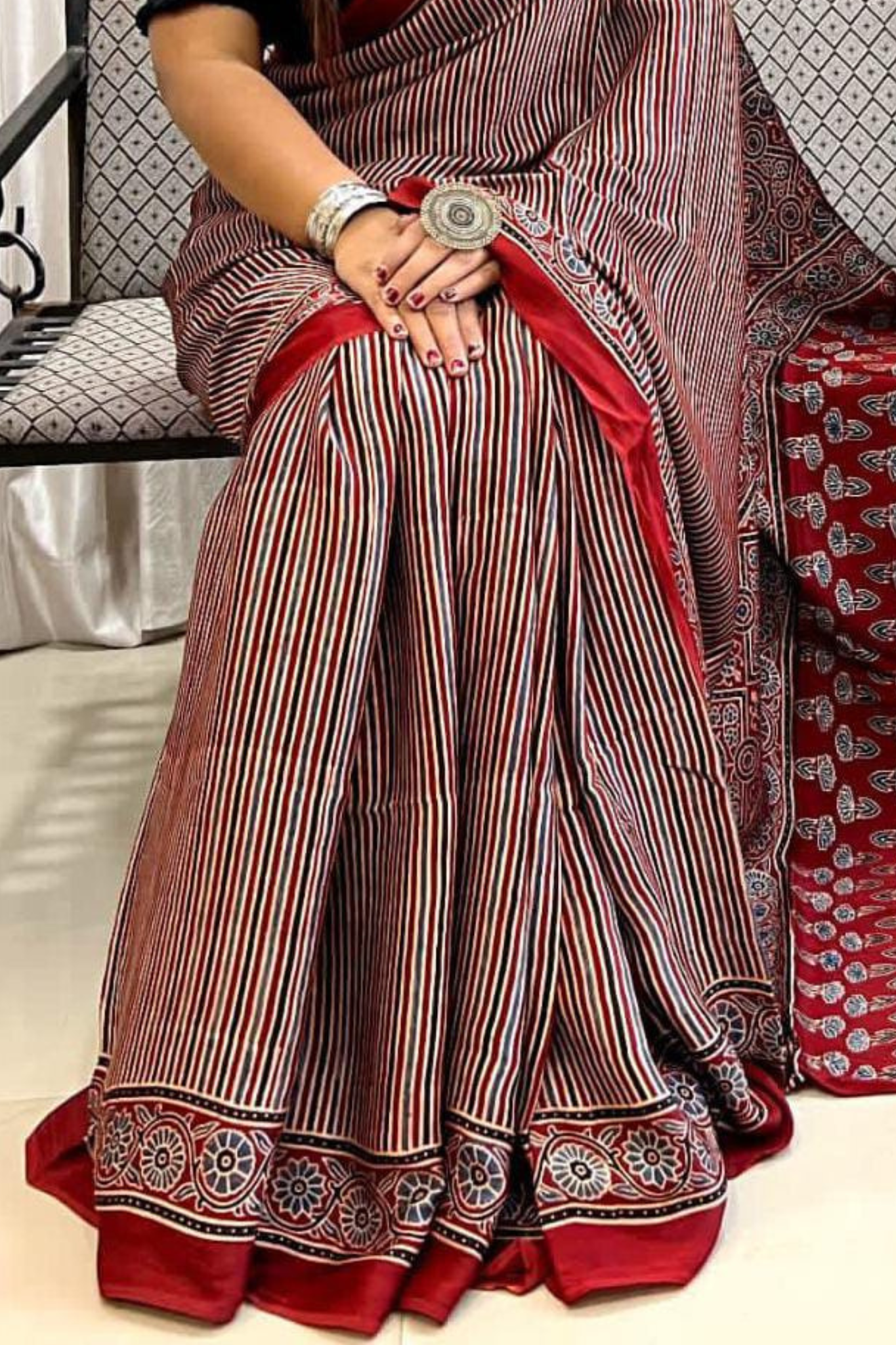 Pure Modal Handblock Printed Natural Dye Ajarakh Silk Saree Red Stripes with Traditional Pallu