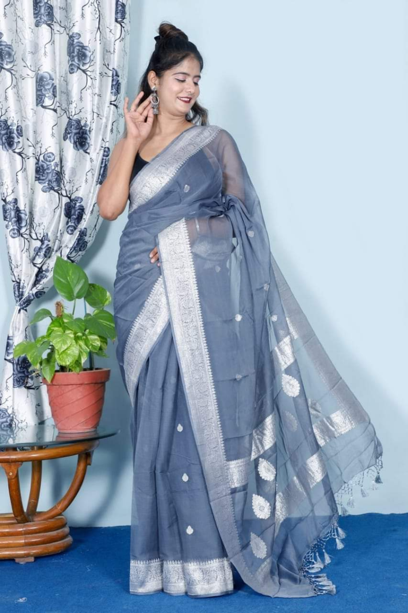 Steel Grey Banarasi Khaddi Georgette Saree with Intricate Silver Zari Work & Matching Blouse
