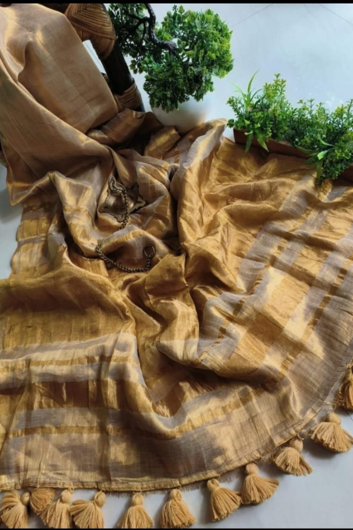 Golden Tissue Linen Silk Saree with Tassels & Blouse
