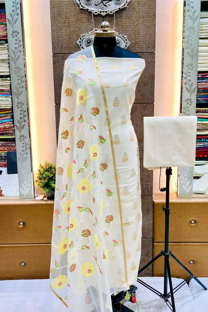 Banarasi Handloom Cotton Silk Chanderi Suit with Organza Dupatta