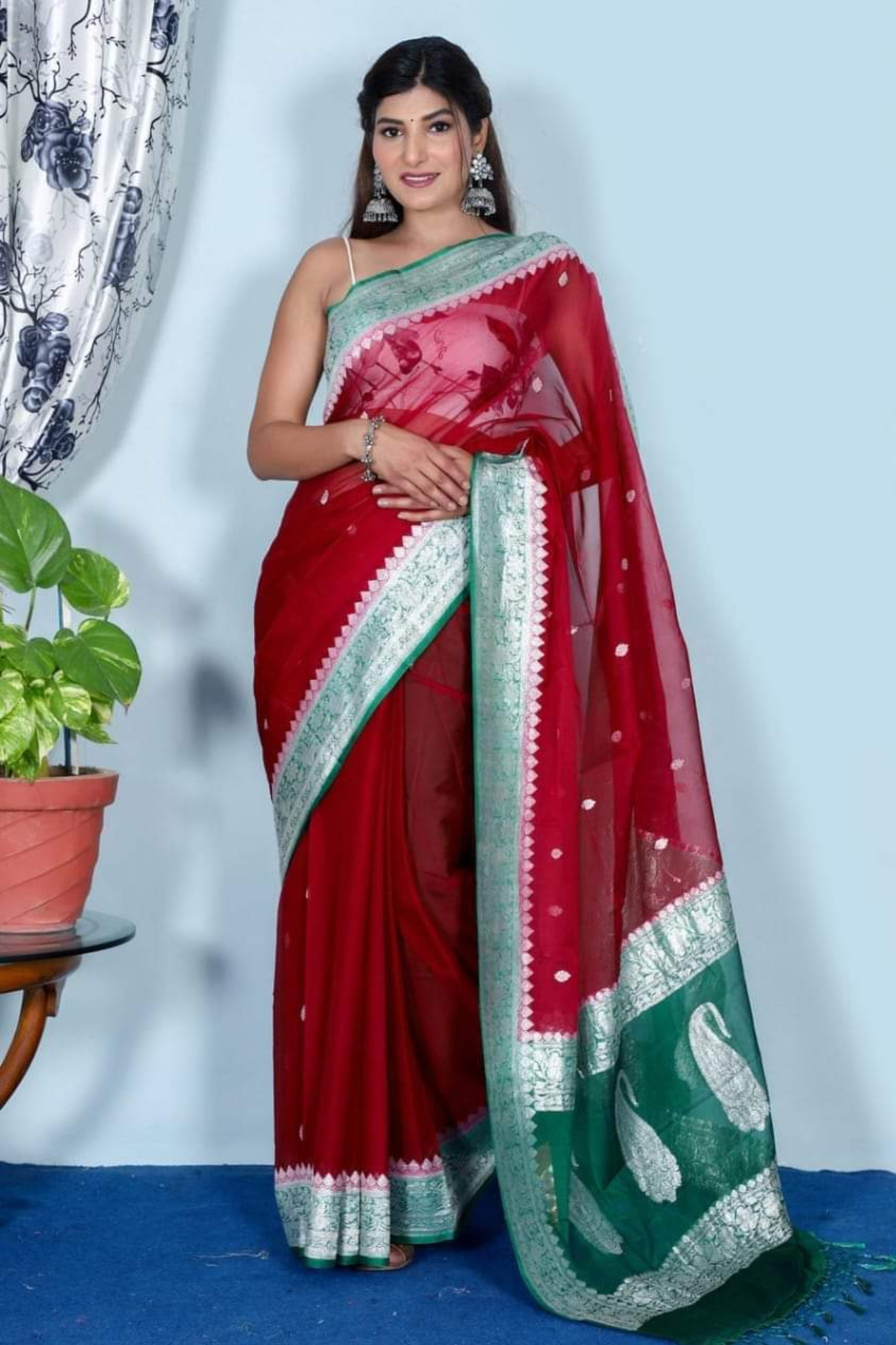 Ruby Red Banarasi Khaddi Georgette Saree With Blouse