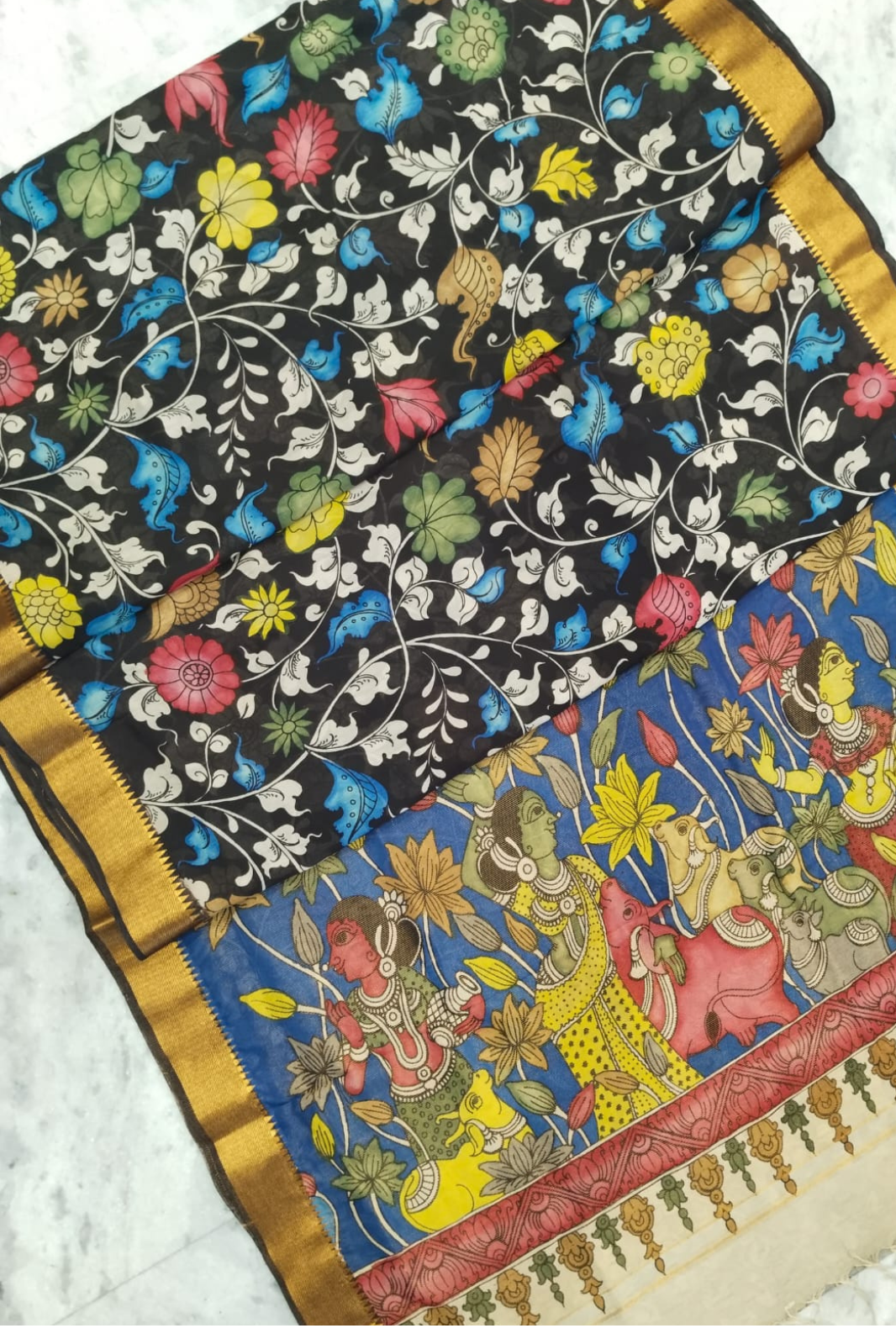 Polychromatic Handpainted Pen Kalamkari Silk Saree Beige with Multicolor Motifs & Golden Border