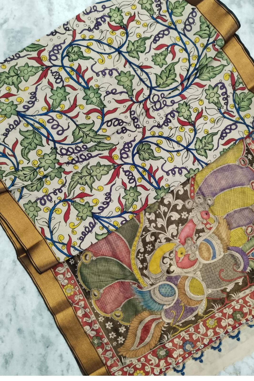 Polychromatic Handpainted Pen Kalamkari Silk Saree Beige with Multicolor Motifs & Golden Border