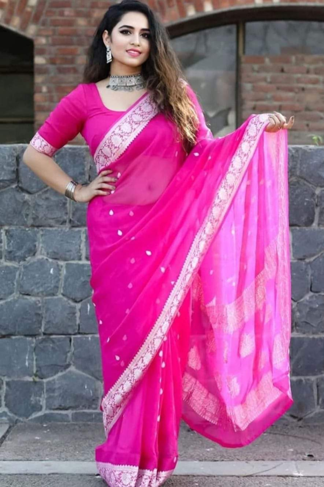 Magenta Pink Banarasi Khaddi Georgette Saree