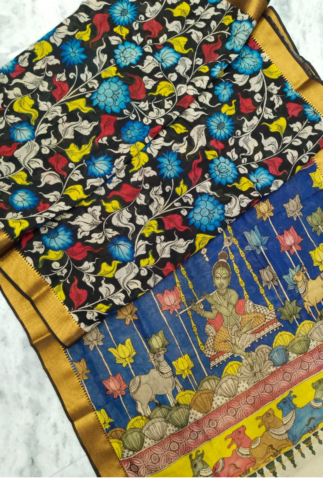 Polychromatic Handpainted Pen Kalamkari Silk Saree Beige with Multicolor Motifs & Golden Border