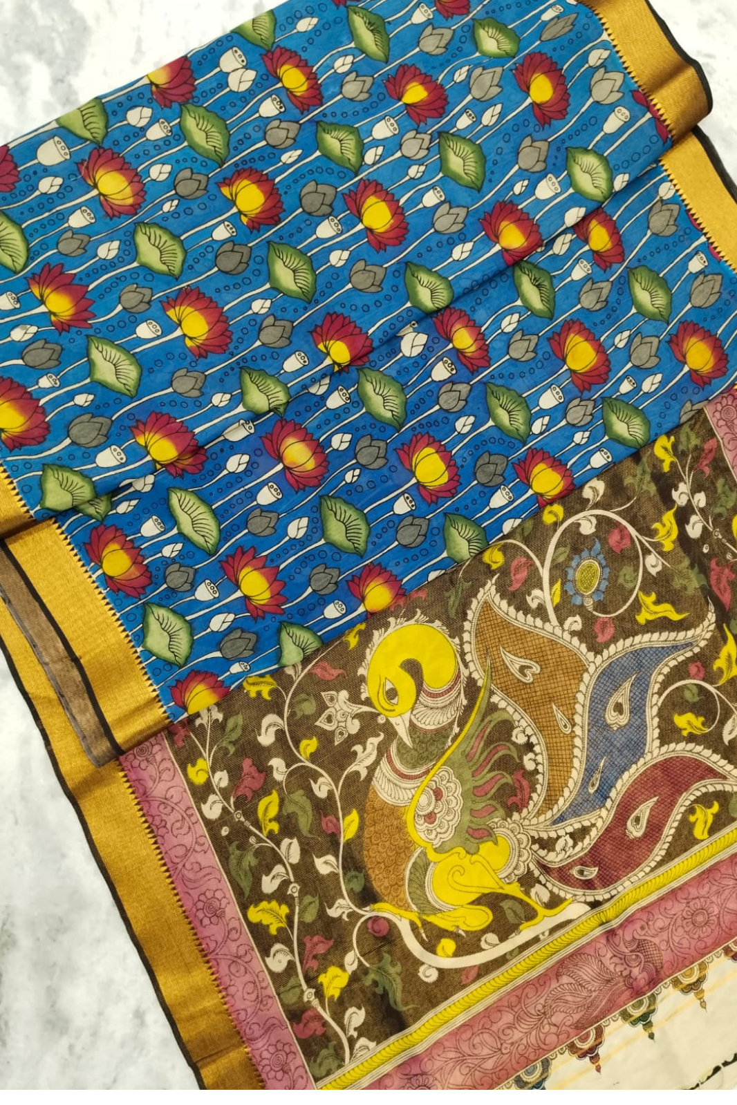 Polychromatic Handpainted Pen Kalamkari Silk Saree Beige with Multicolor Motifs & Golden Border