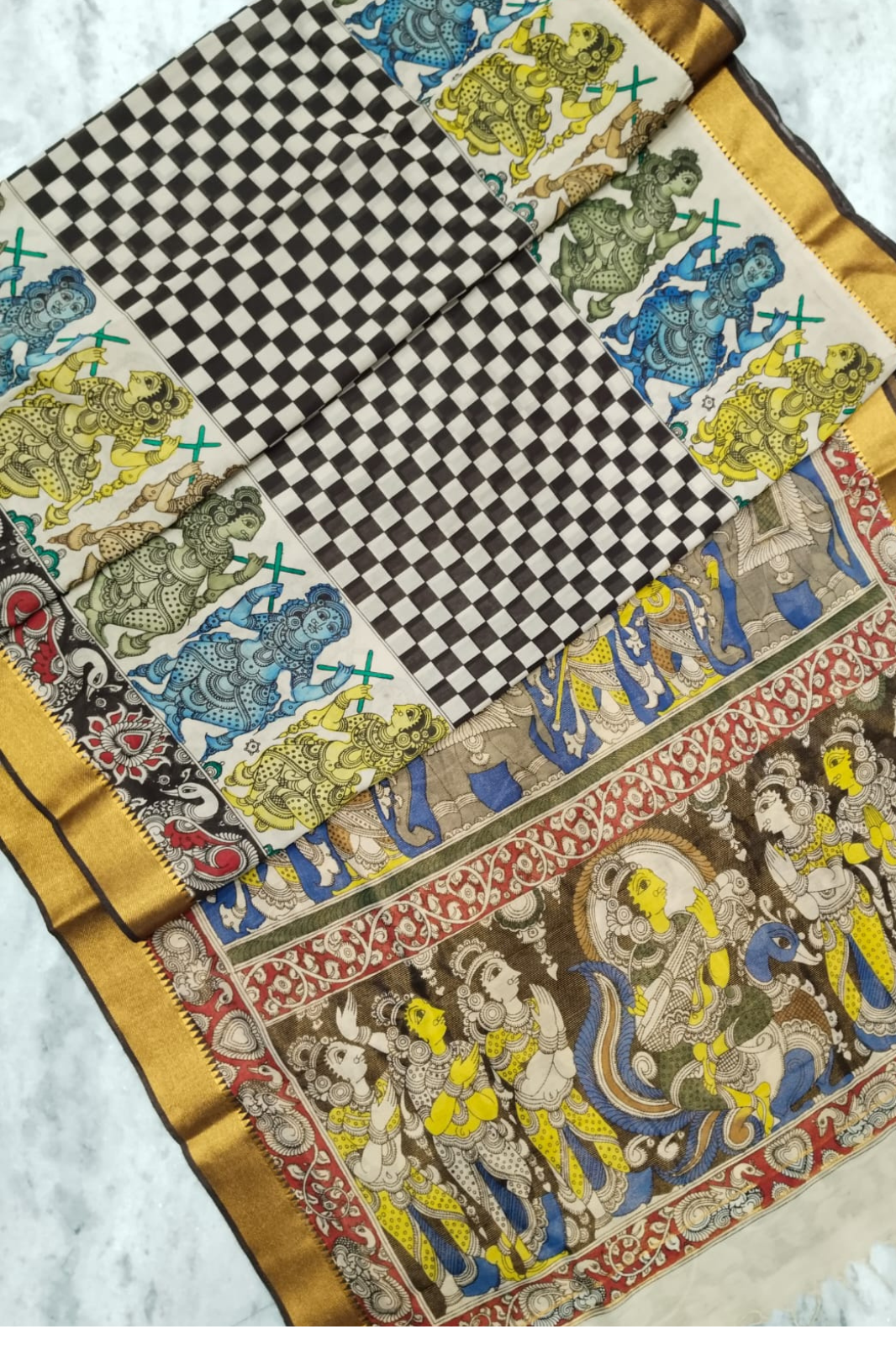 Polychromatic Handpainted Pen Kalamkari Silk Saree Beige with Multicolor Motifs & Golden Border