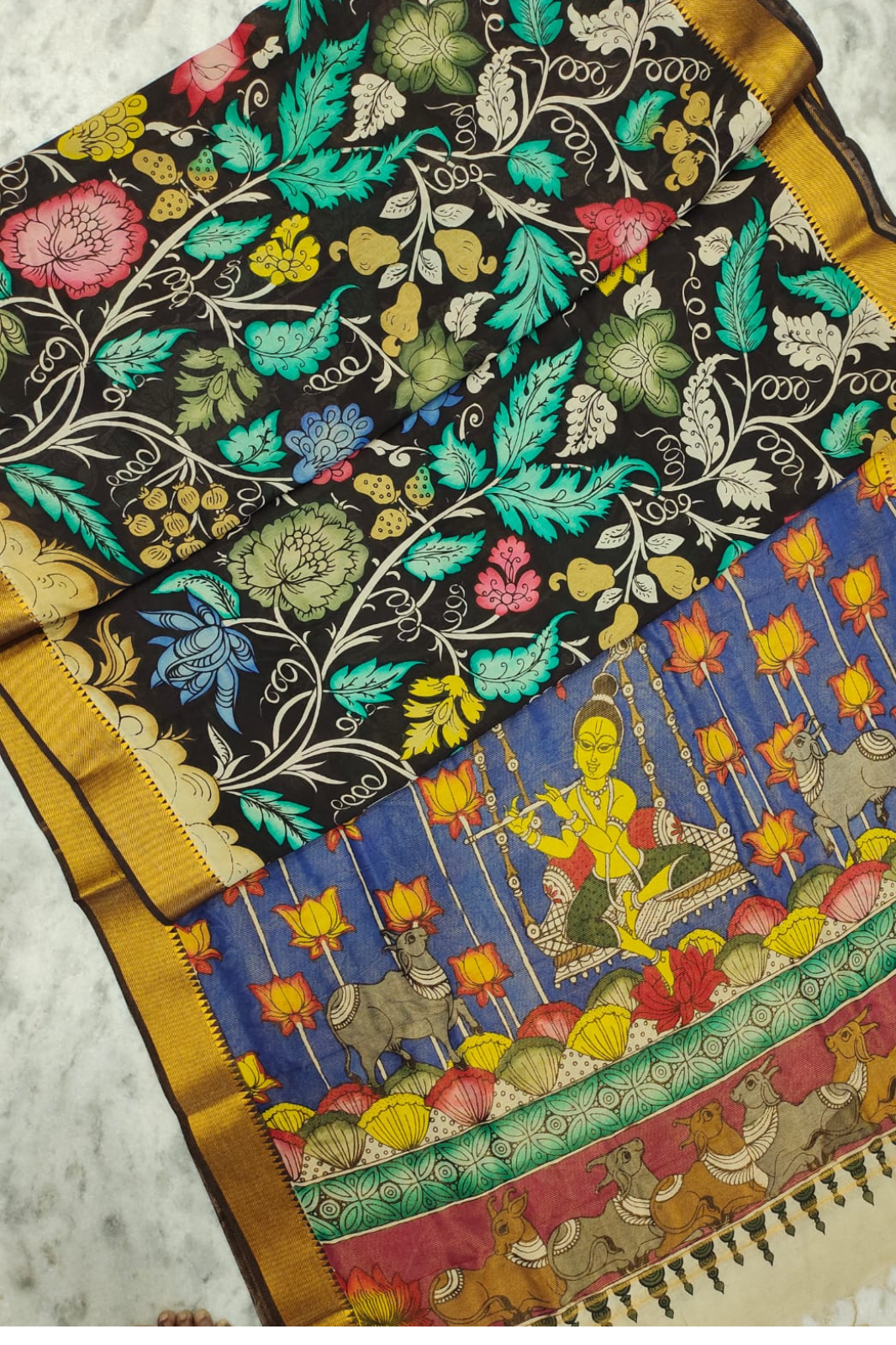 Polychromatic Handpainted Pen Kalamkari Silk Saree Beige with Multicolor Motifs & Golden Border