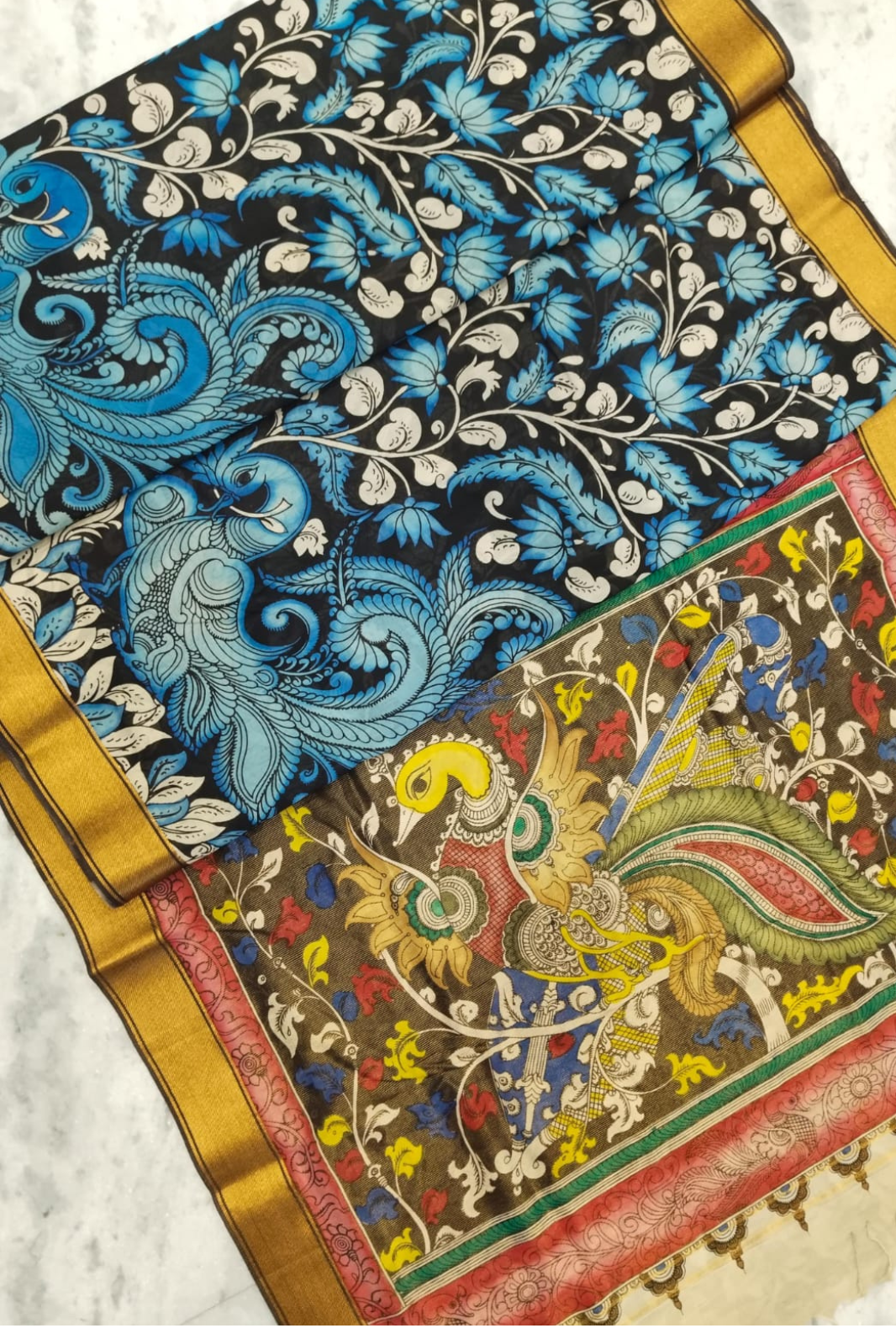 Polychromatic Handpainted Pen Kalamkari Silk Saree Beige with Multicolor Motifs & Golden Border