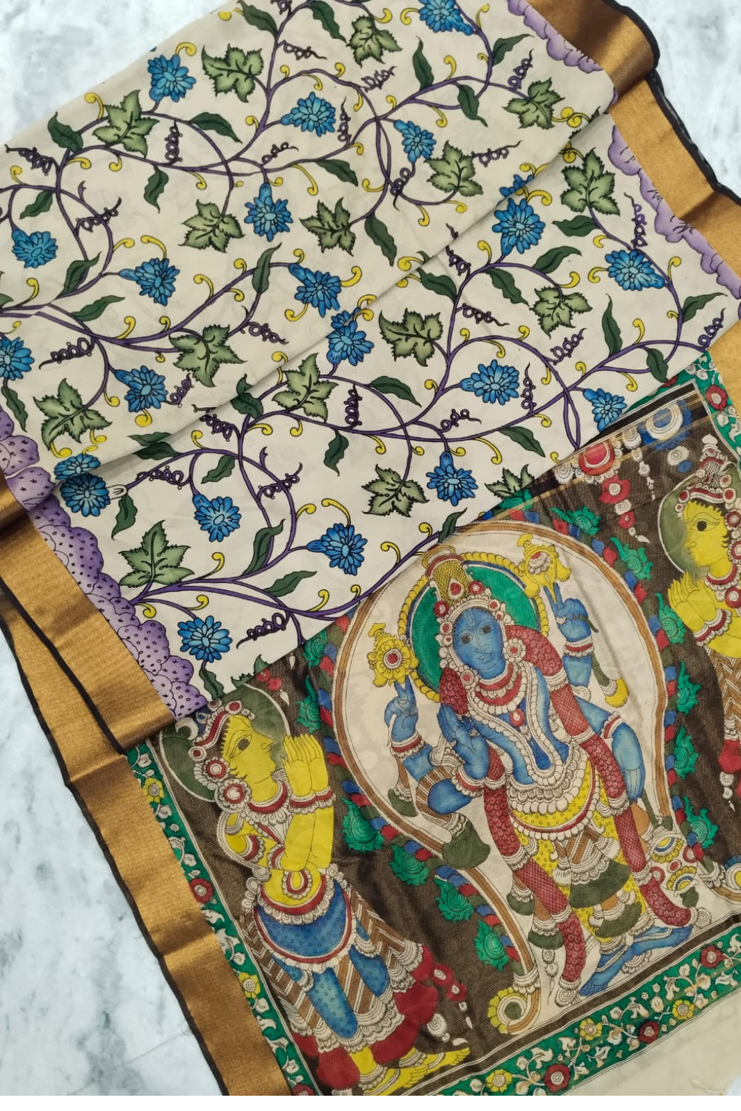 Polychromatic Handpainted Pen Kalamkari Silk Saree Beige with Multicolor Motifs & Golden Border