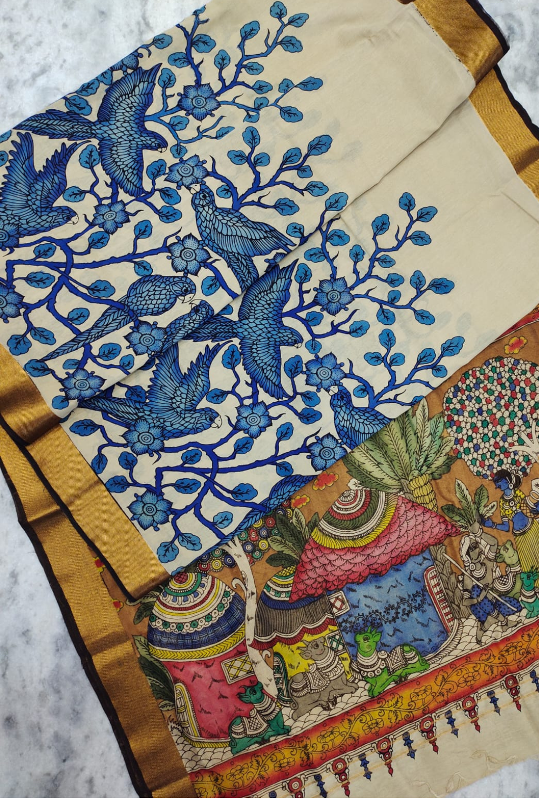 Polychromatic Handpainted Pen Kalamkari Silk Saree Beige with Multicolor Motifs & Golden Border