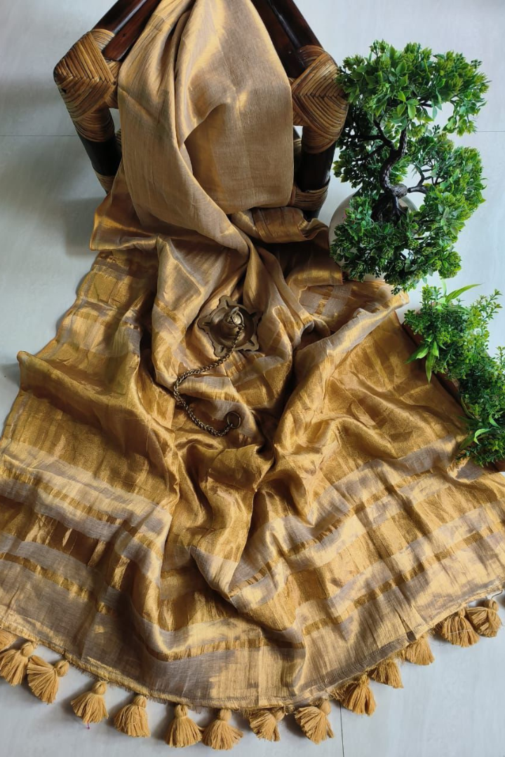 Golden Tissue Linen Silk Saree with Tassels & Blouse