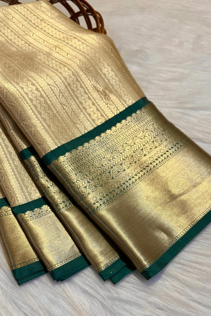 Gold Kanjivaram Silk Saree with Green Border & Rich Pallu