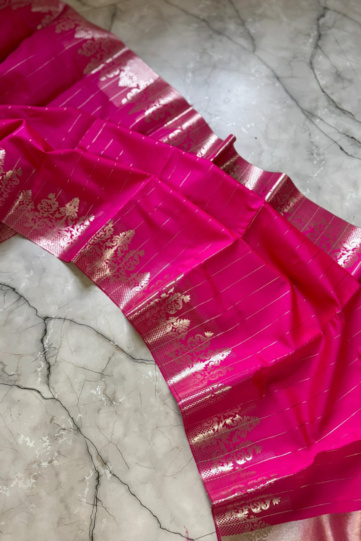 Hot Pink Banarasi Katan Soft Silk Saree with Silver Zari & Blouse – Celebrity Collection