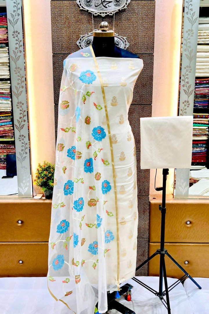 Banarasi Handloom Cotton Silk Chanderi Suit with Organza Dupatta