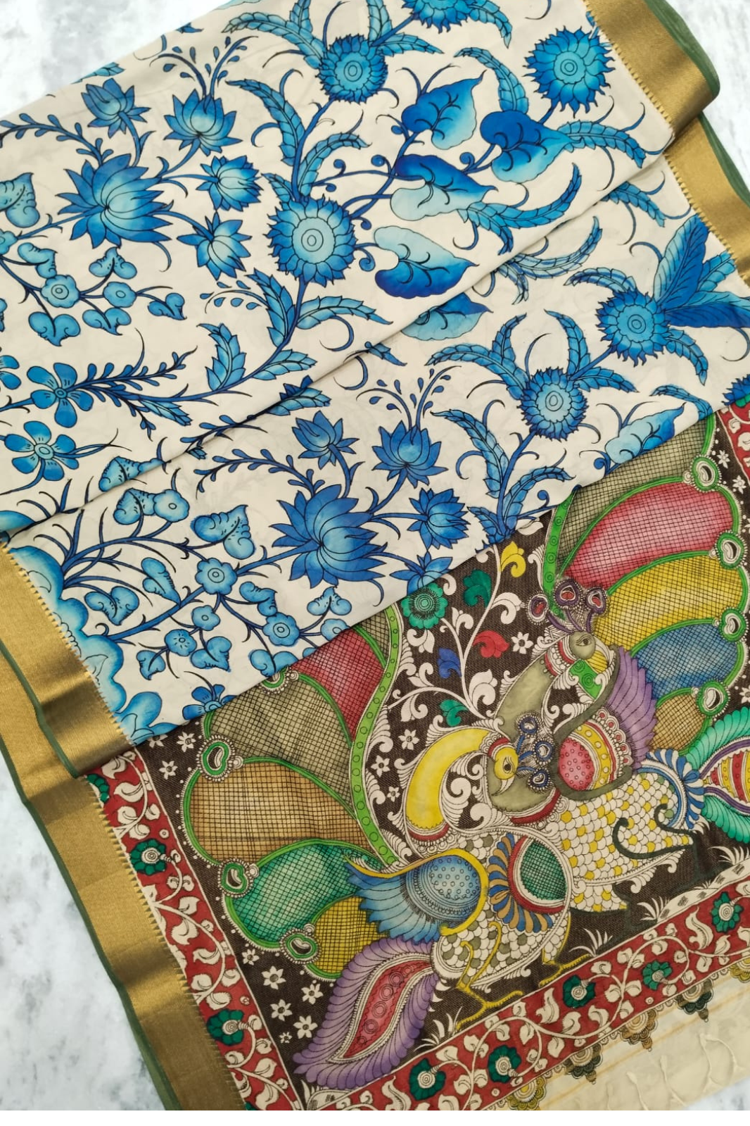 Polychromatic Handpainted Pen Kalamkari Silk Saree Beige with Multicolor Motifs & Golden Border
