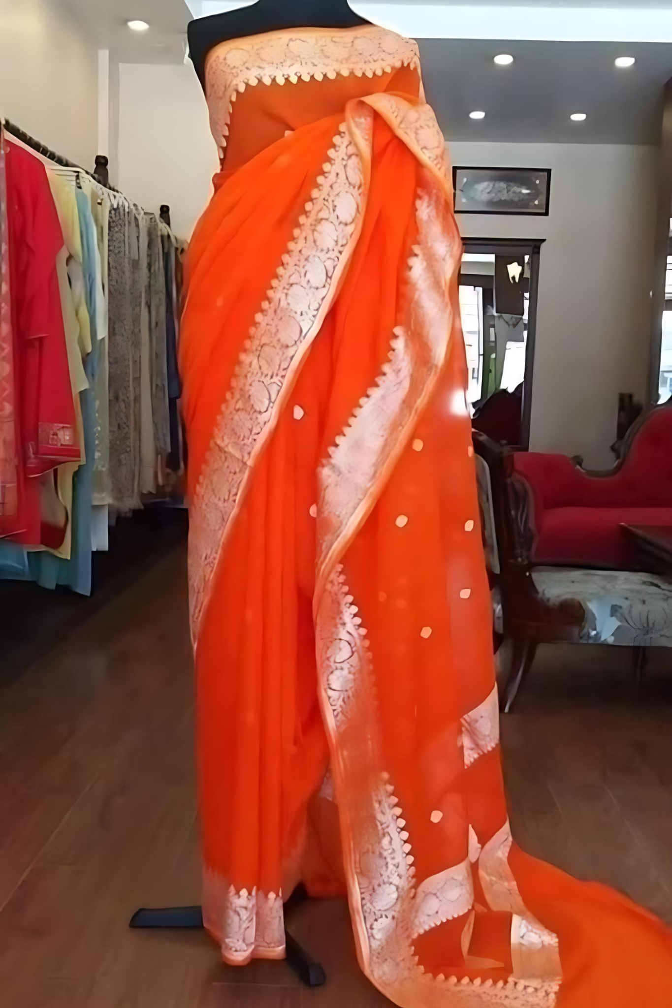 Fiery Orange  Banarasi Khaddi Georgette Saree  With Blouse
