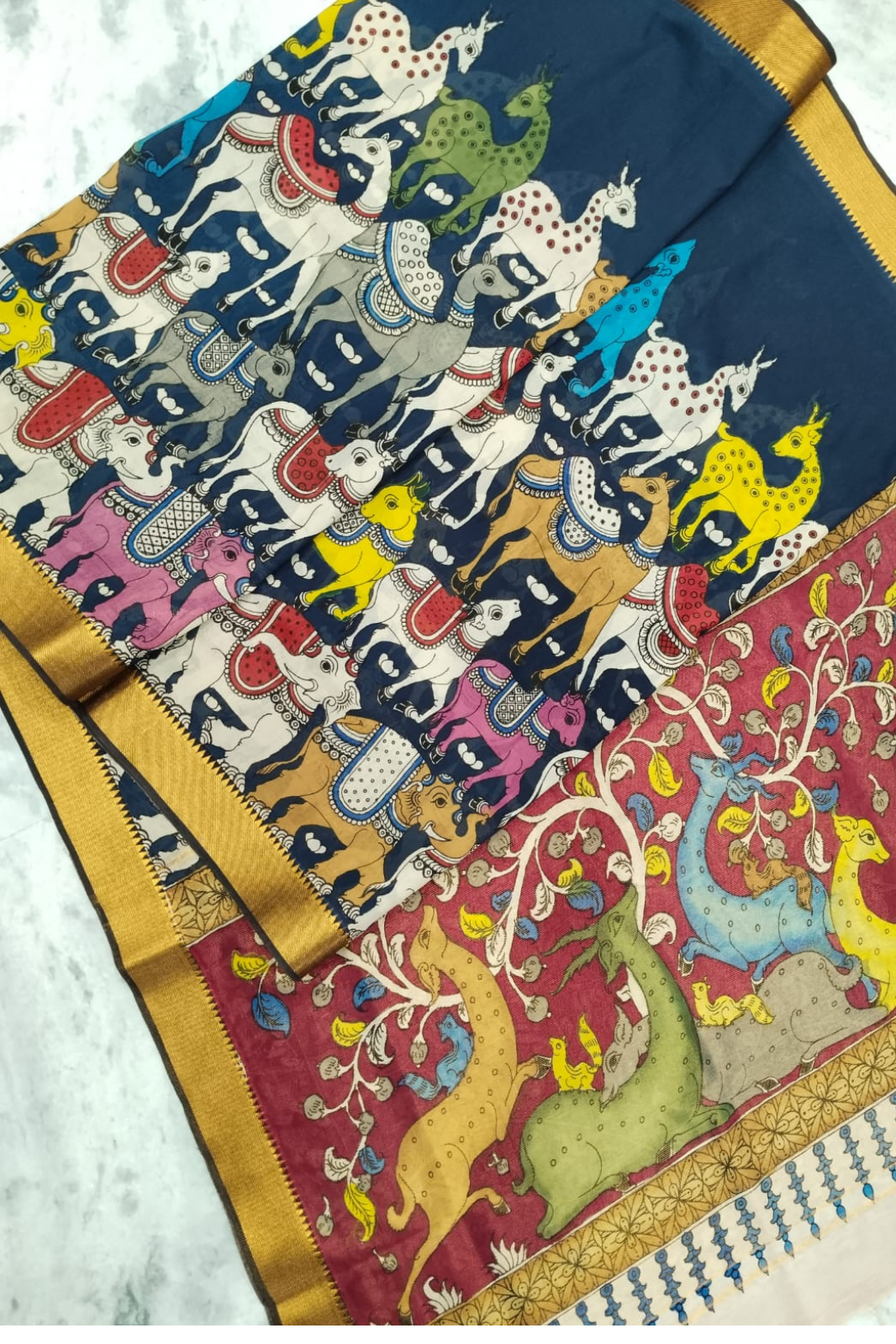 Polychromatic Handpainted Pen Kalamkari Silk Saree Beige with Multicolor Motifs & Golden Border