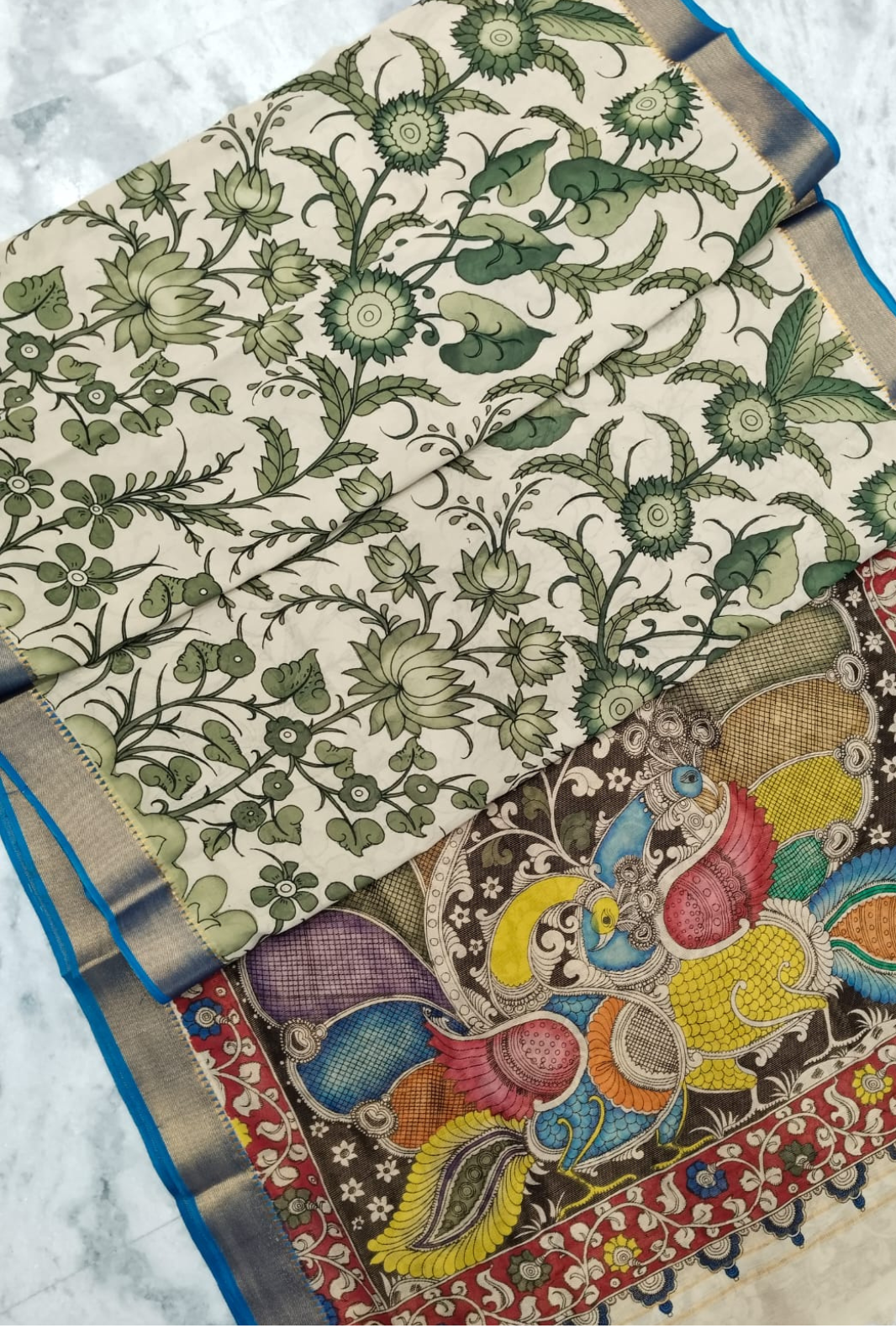 Polychromatic Handpainted Pen Kalamkari Silk Saree Beige with Multicolor Motifs & Golden Border