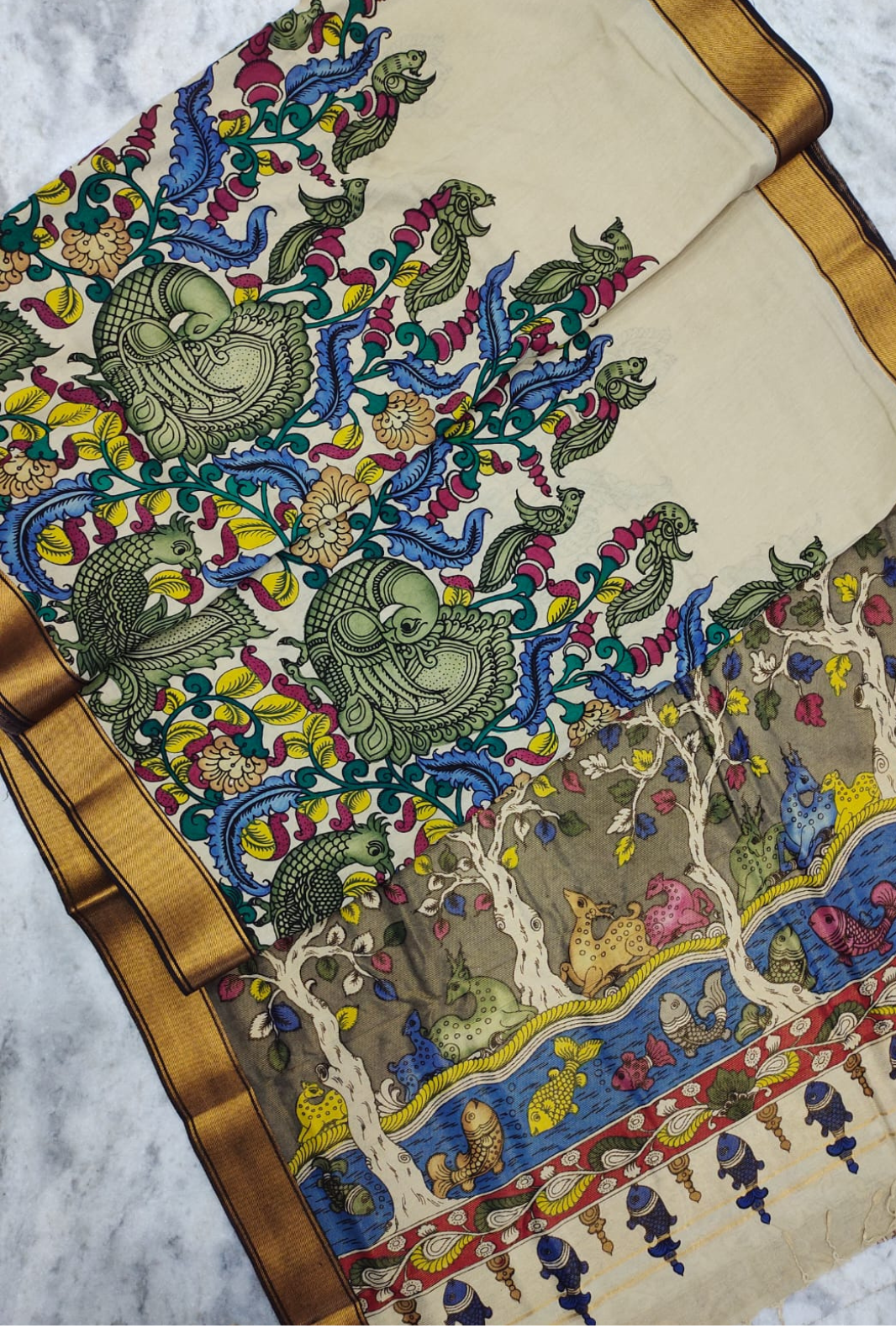 Polychromatic Handpainted Pen Kalamkari Silk Saree Beige with Multicolor Motifs & Golden Border