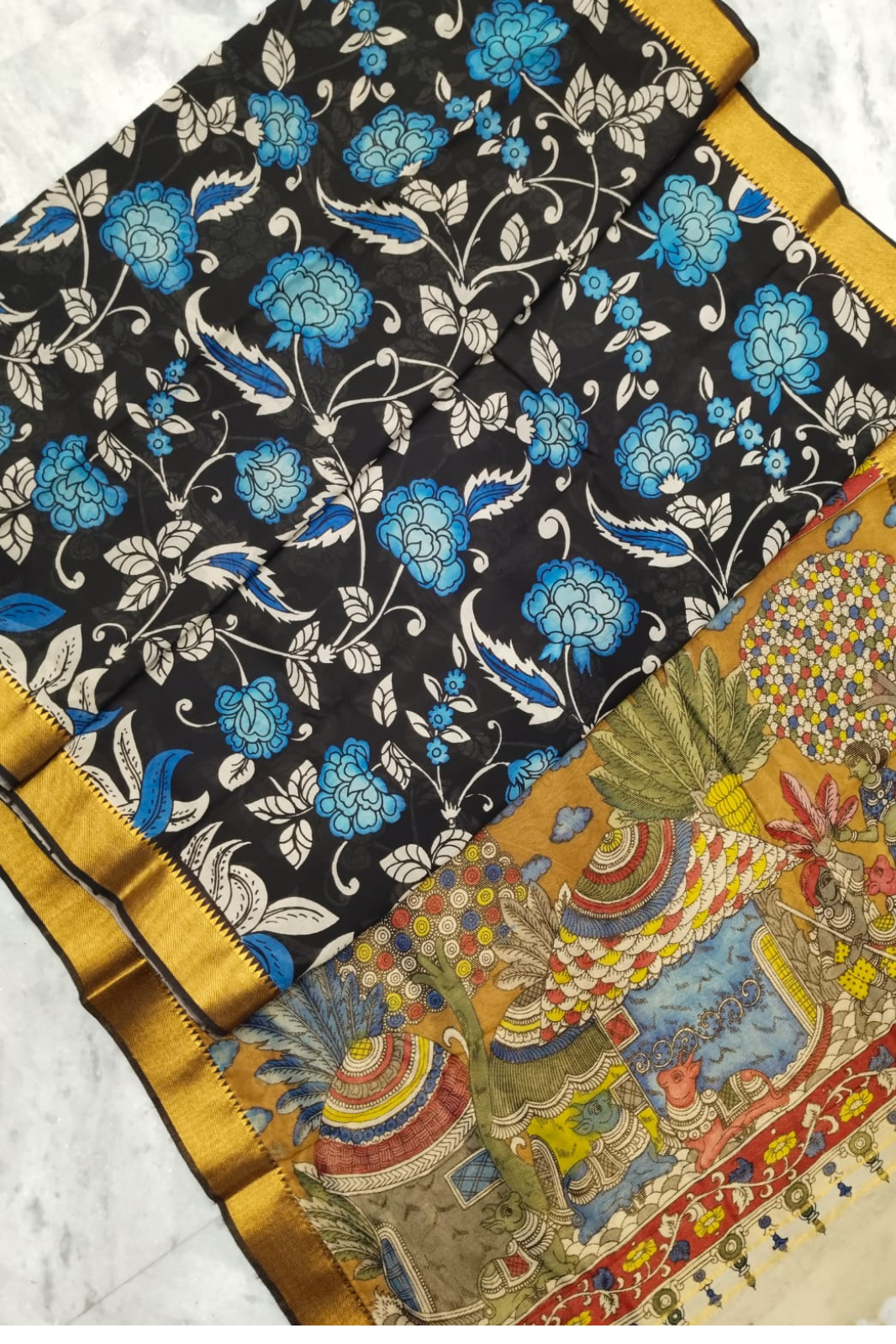 Polychromatic Handpainted Pen Kalamkari Silk Saree Beige with Multicolor Motifs & Golden Border