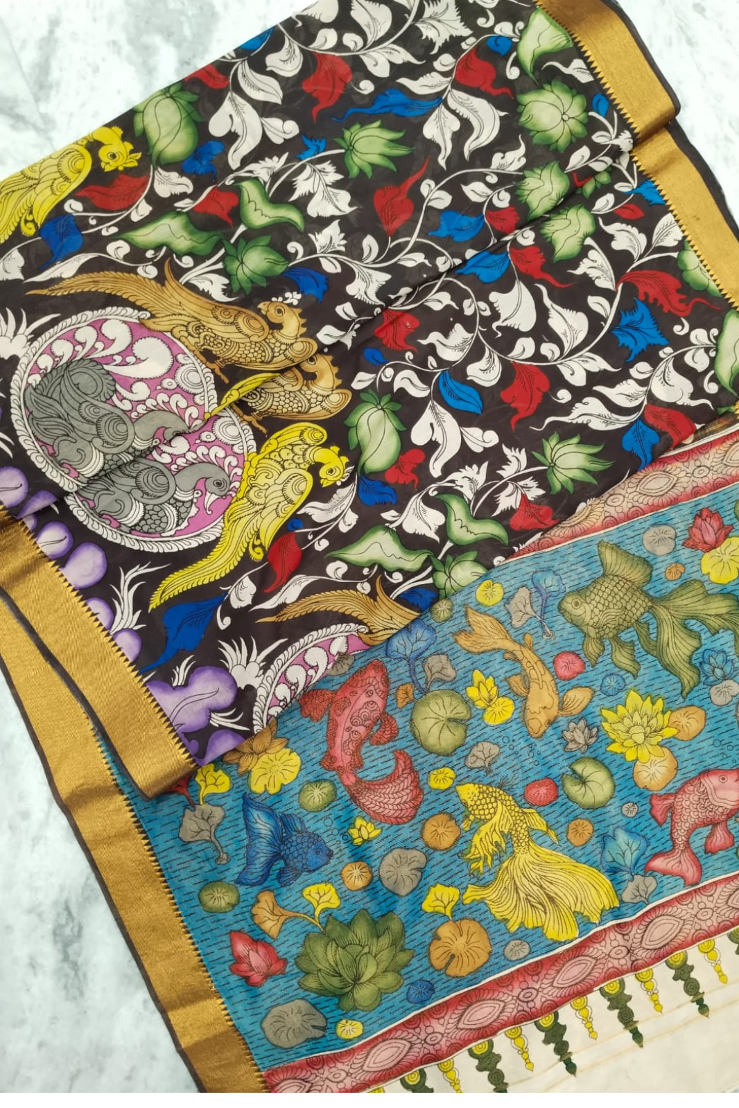 Polychromatic Handpainted Pen Kalamkari Silk Saree Beige with Multicolor Motifs & Golden Border