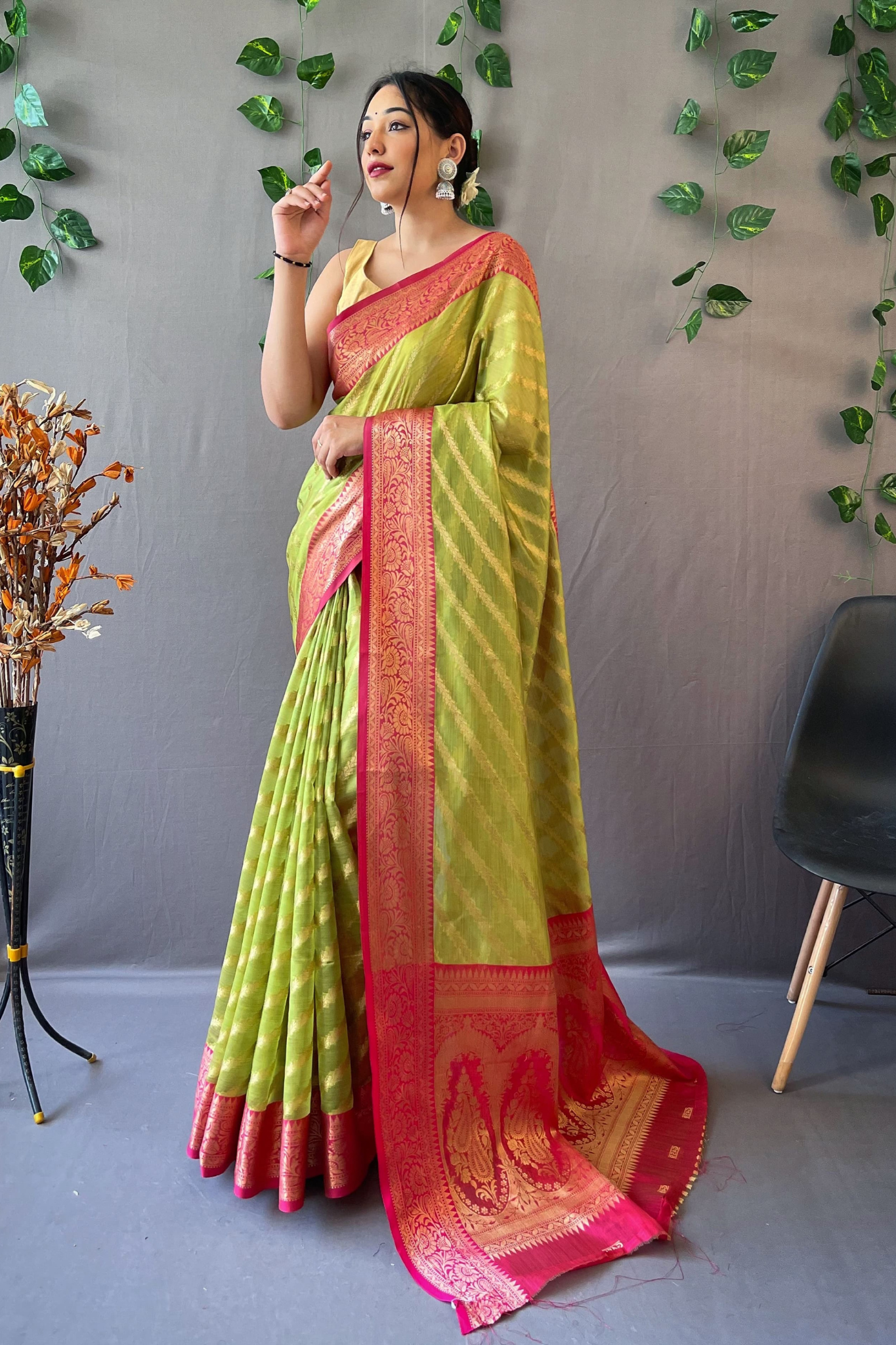 Light Mehndi Green Lehriya Banarasi Kora Silk Saree With Blouse