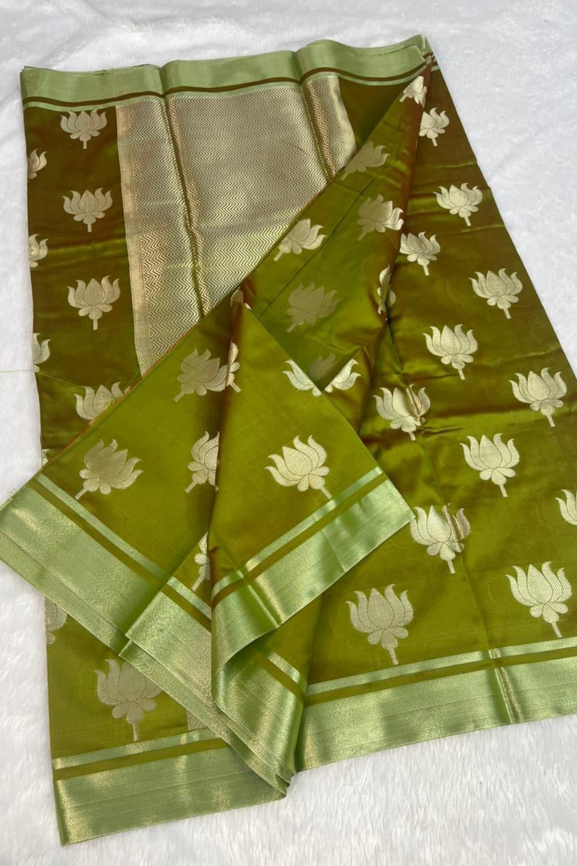 Pure Handloom Lotus Motif Katan Silk Sarees