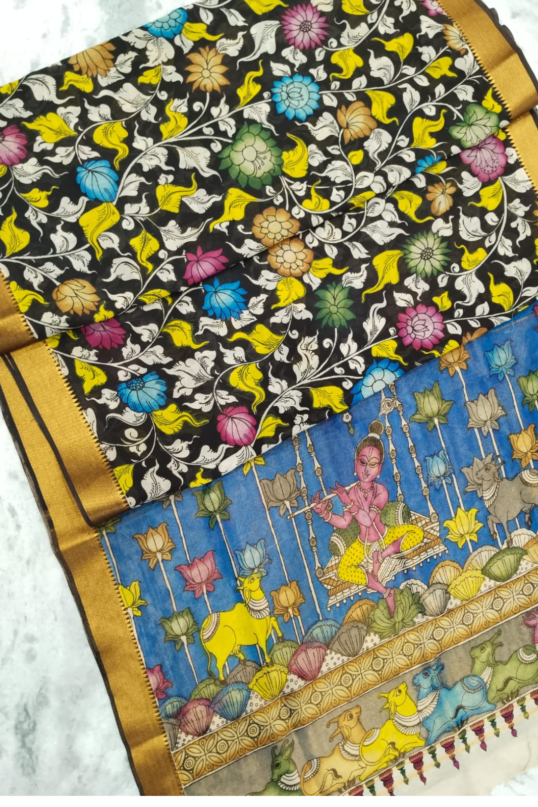 Polychromatic Handpainted Pen Kalamkari Silk Saree Beige with Multicolor Motifs & Golden Border