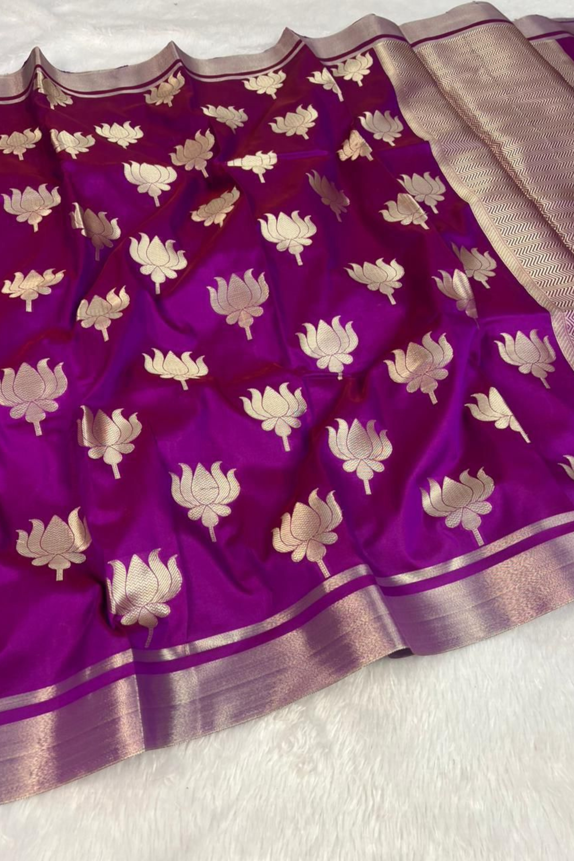 Pure Handloom Lotus Motif Katan Silk Sarees