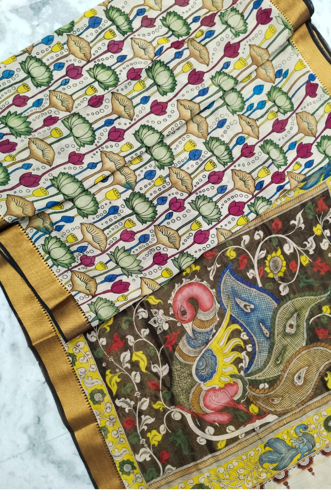 Polychromatic Handpainted Pen Kalamkari Silk Saree Beige with Multicolor Motifs & Golden Border