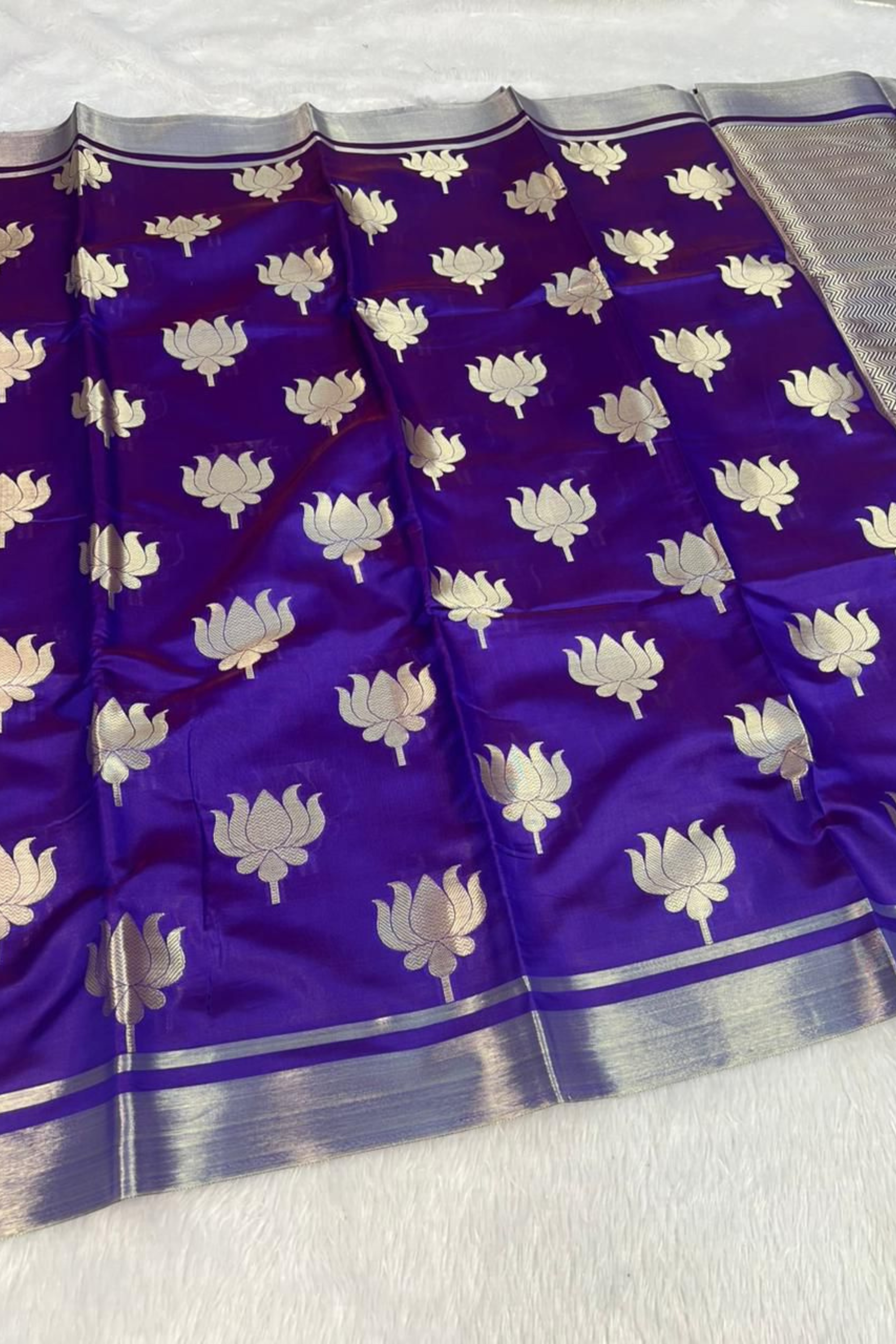 Pure Handloom Lotus Motif Katan Silk Sarees