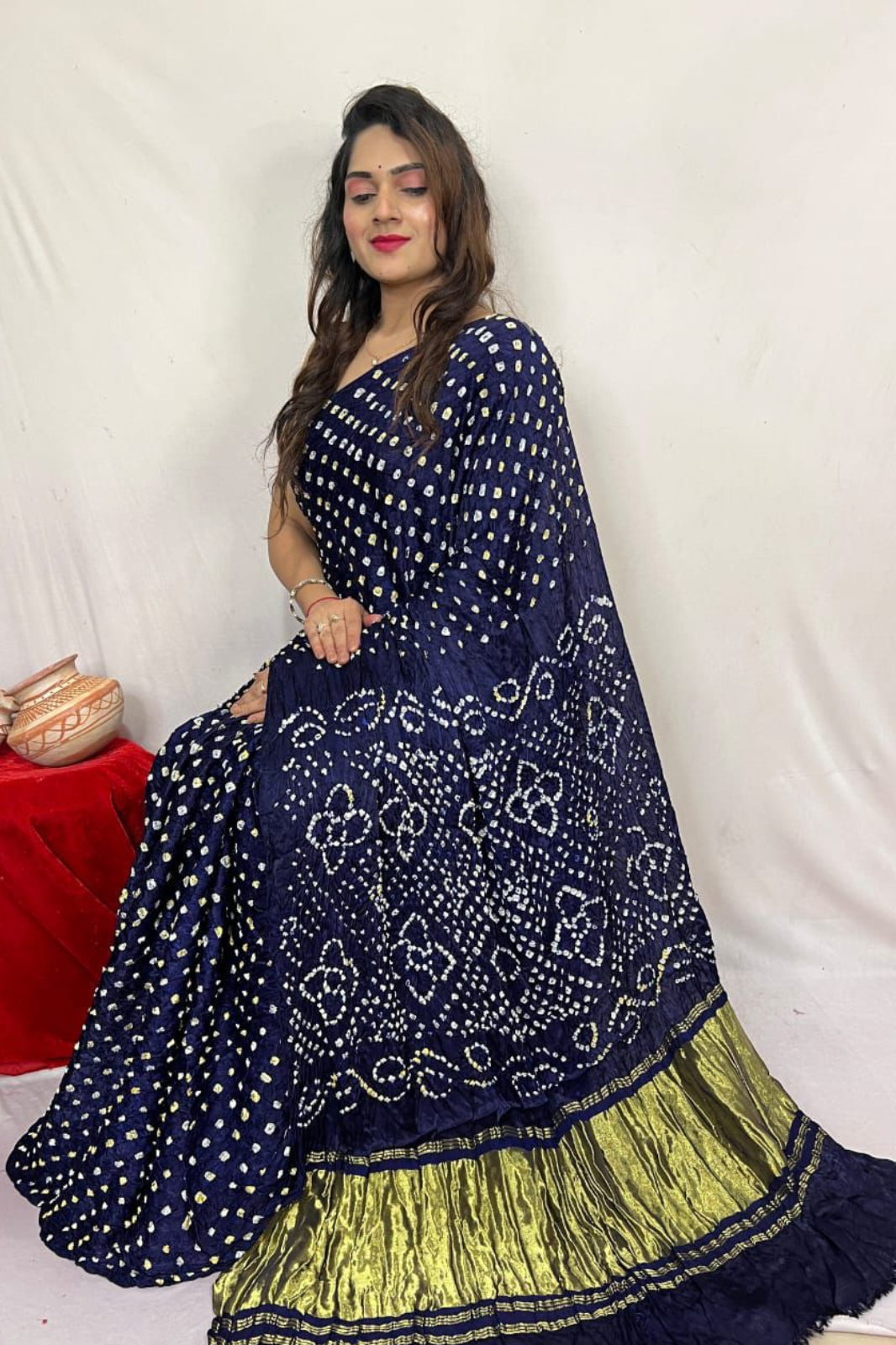 Midnight Blue Bandhani Modal Silk Saree