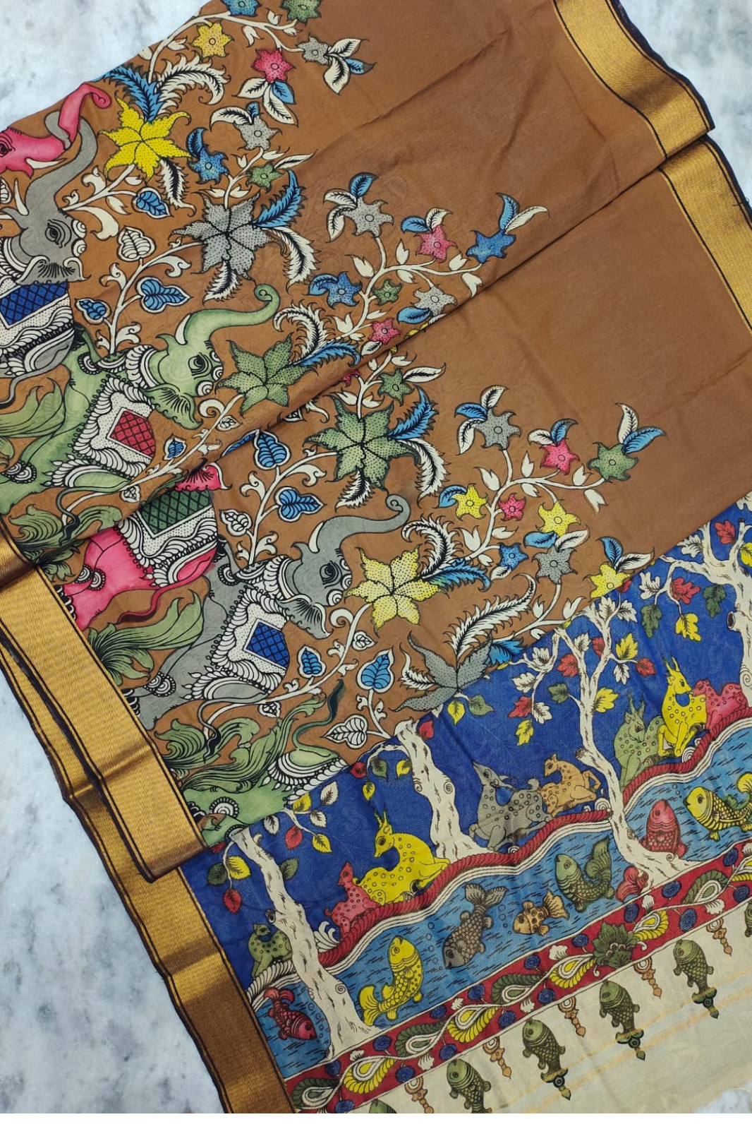 Polychromatic Handpainted Pen Kalamkari Silk Saree Beige with Multicolor Motifs & Golden Border