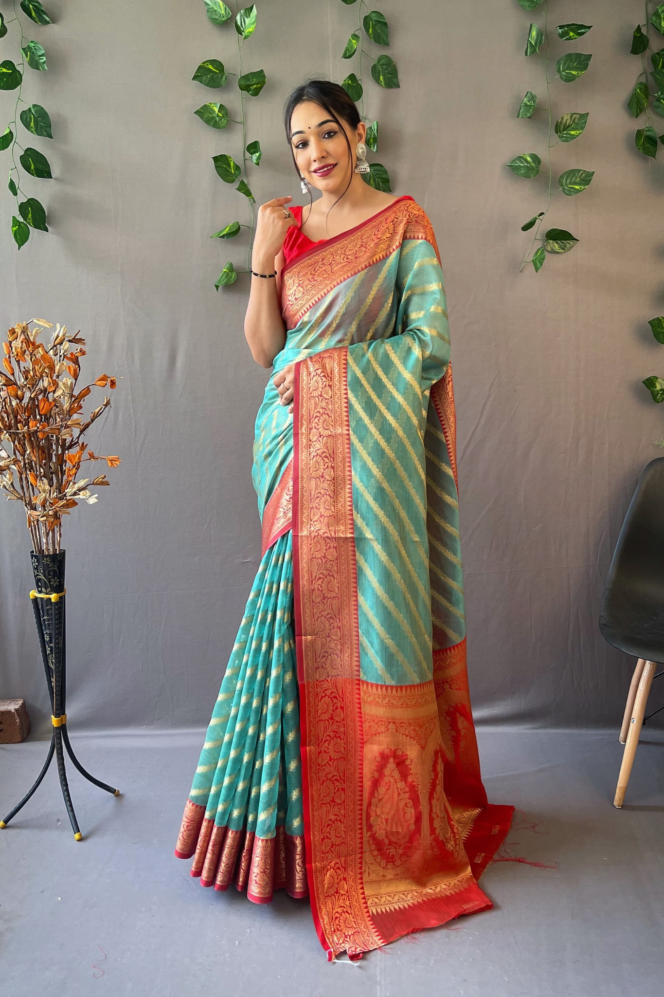 Sea Green Lehriya Banarasi Kora Silk Saree With Blouse