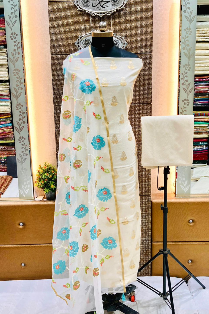 Banarasi Handloom Cotton Silk Chanderi Suit with Organza Dupatta