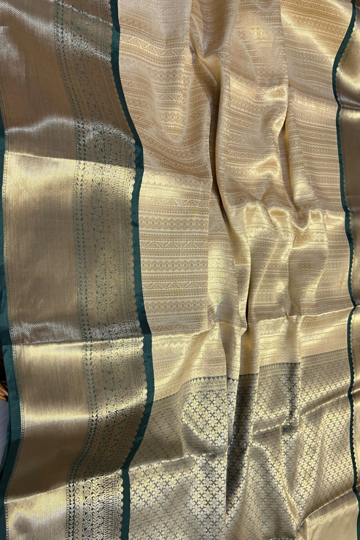 Gold Kanjivaram Silk Saree with Green Border & Rich Pallu