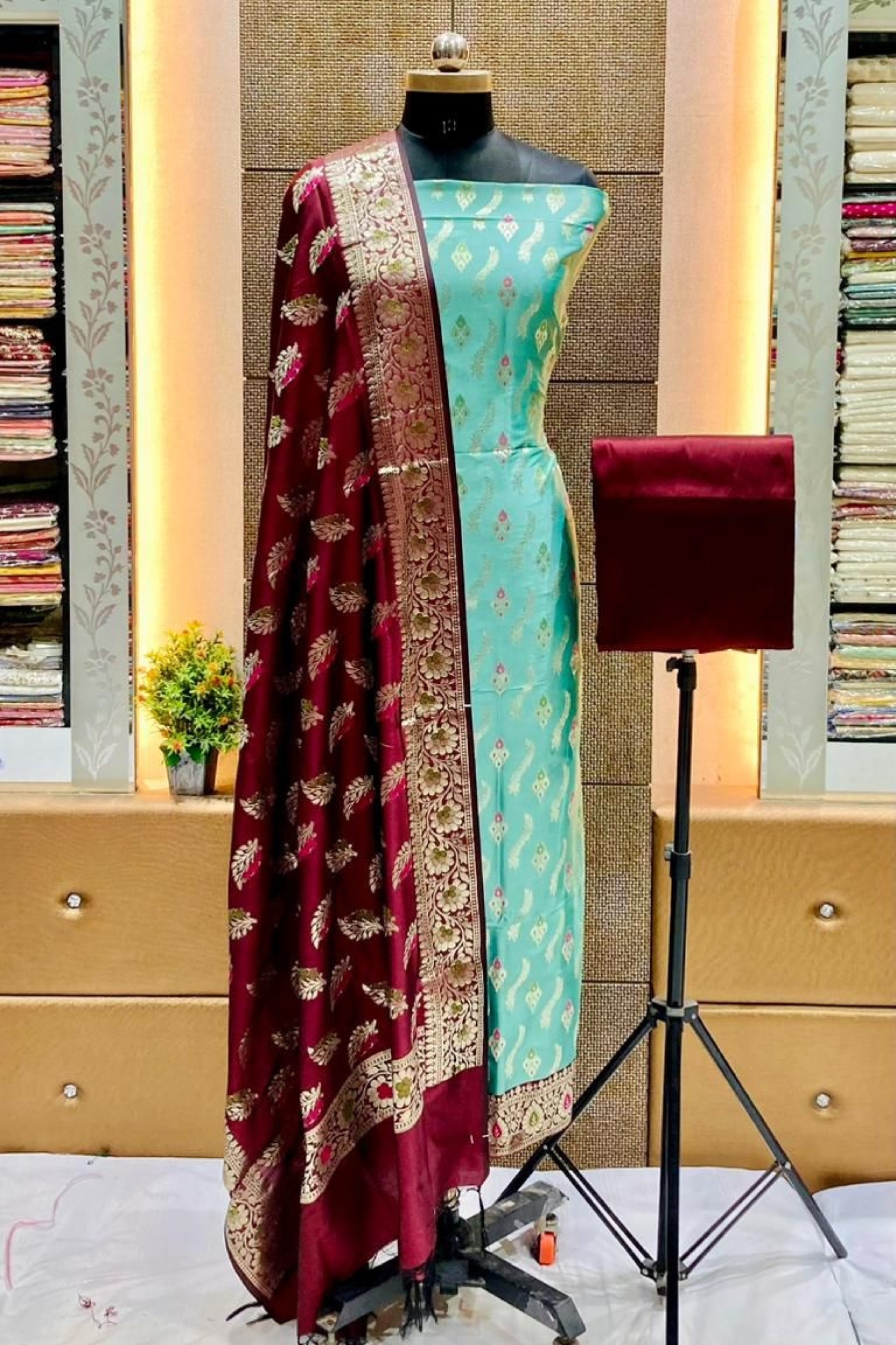Banarasi Katan Silk Zari Weaving Suit with Alfi Dupatta
