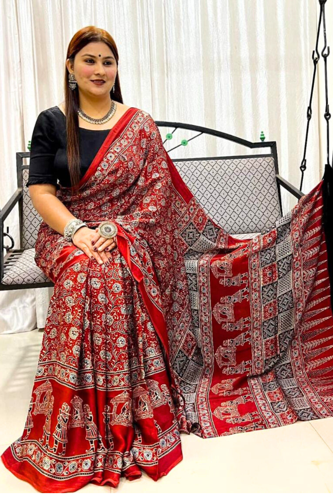 Handblock Printed Natural Dye Pure Modal Ajarakh Silk Saree Rich Red with Tribal Motifs