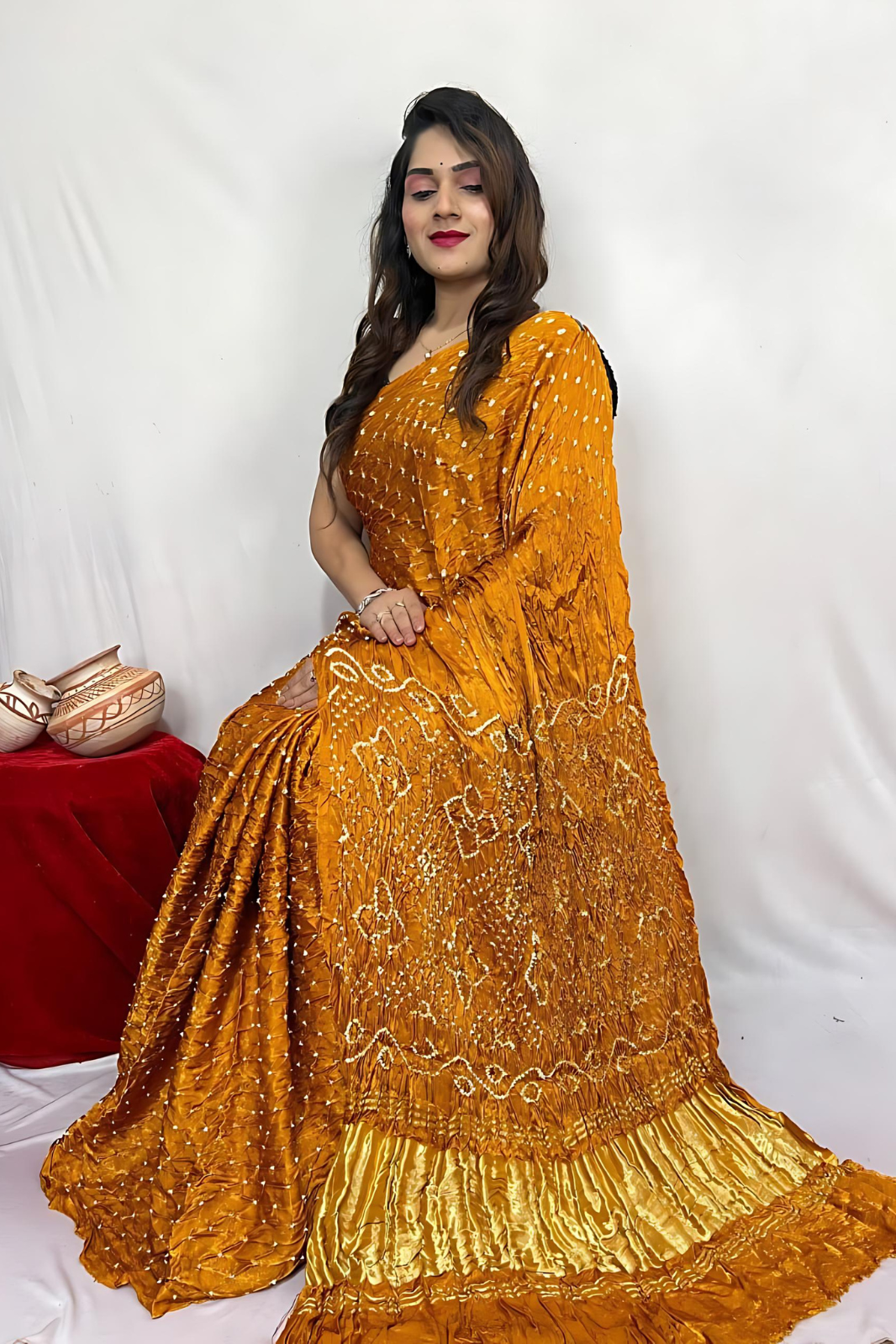 Mustard Yellow Bandhani Modal Silk Saree