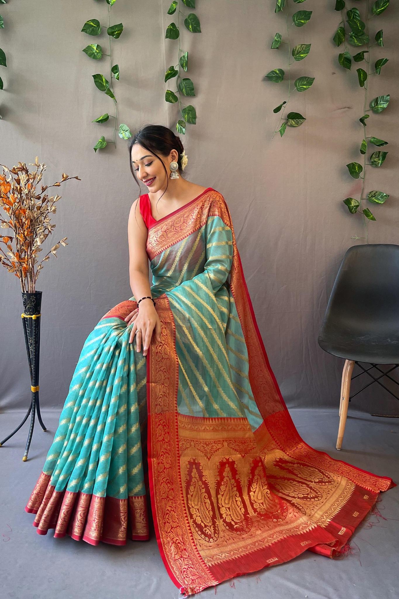Sea Green Lehriya Banarasi Kora Silk Saree With Blouse