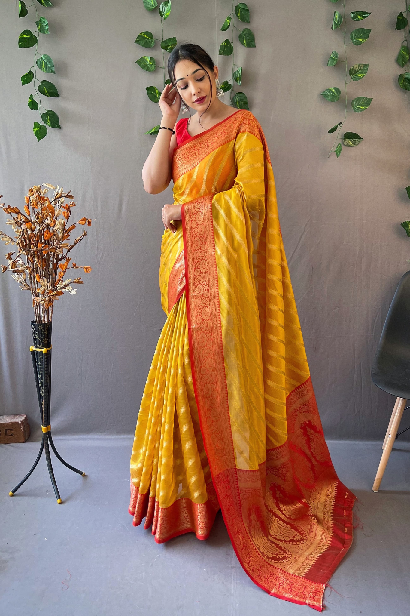 Turmeric Yellow Lehriya Banarasi Kora Silk Saree With Blouse