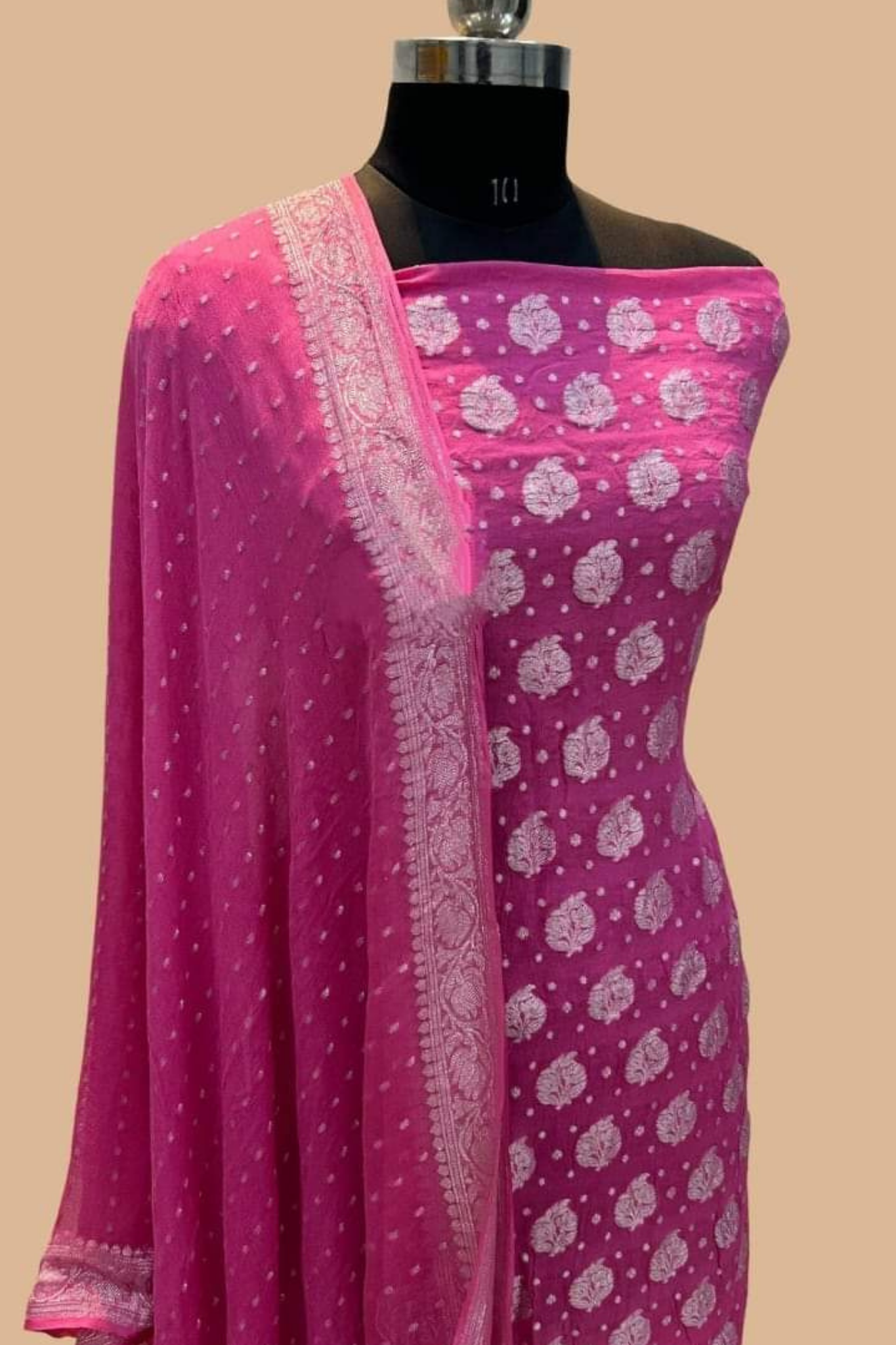 Crimson Pink Banarasi Khaddi Georgette Dress