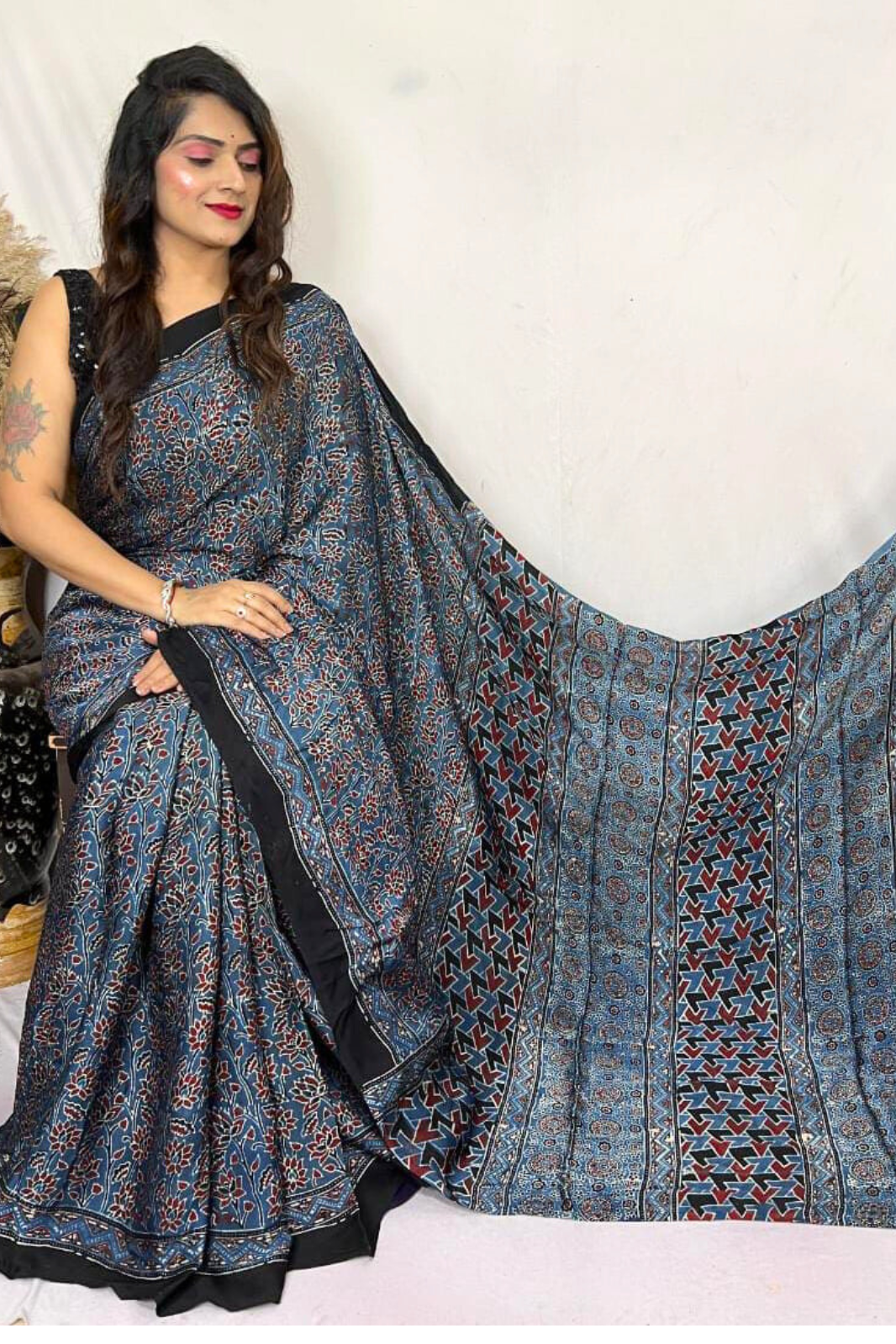 Handblock Printed Natural Dye Pure Modal Ajarakh Silk Saree Indigo Blue & Black