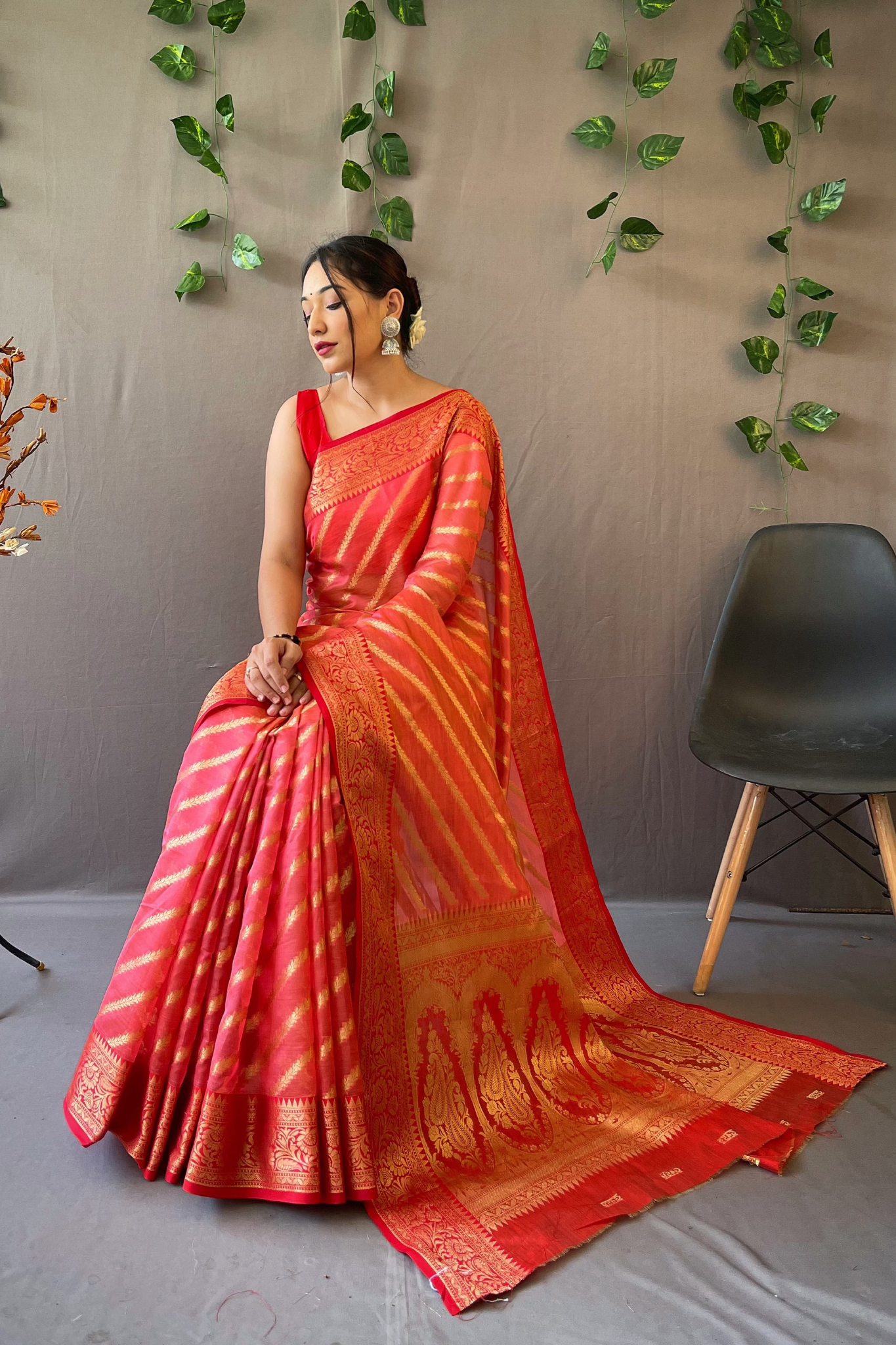 Peachish Orange Lehriya Banarasi Kora Silk Saree With Blouse