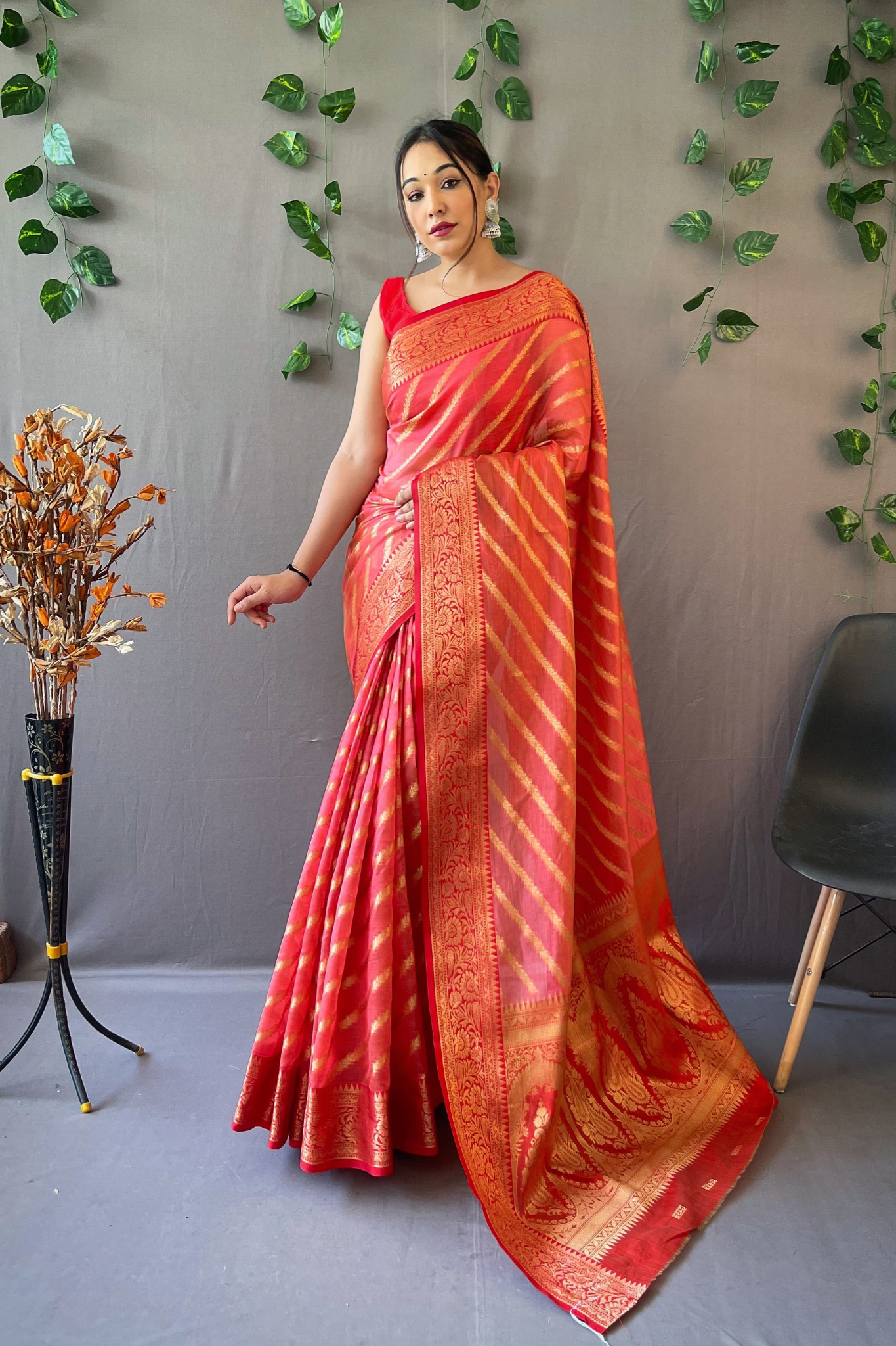 Peachish Orange Lehriya Banarasi Kora Silk Saree With Blouse