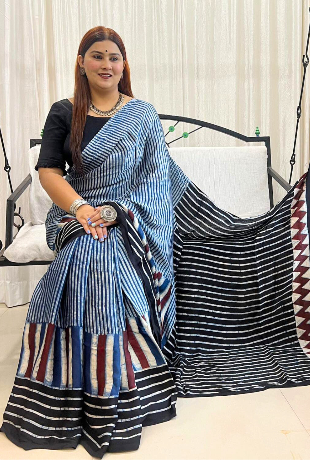 Handblock Printed Pure Modal Ajrakh Silk Saree with Natural Dyes